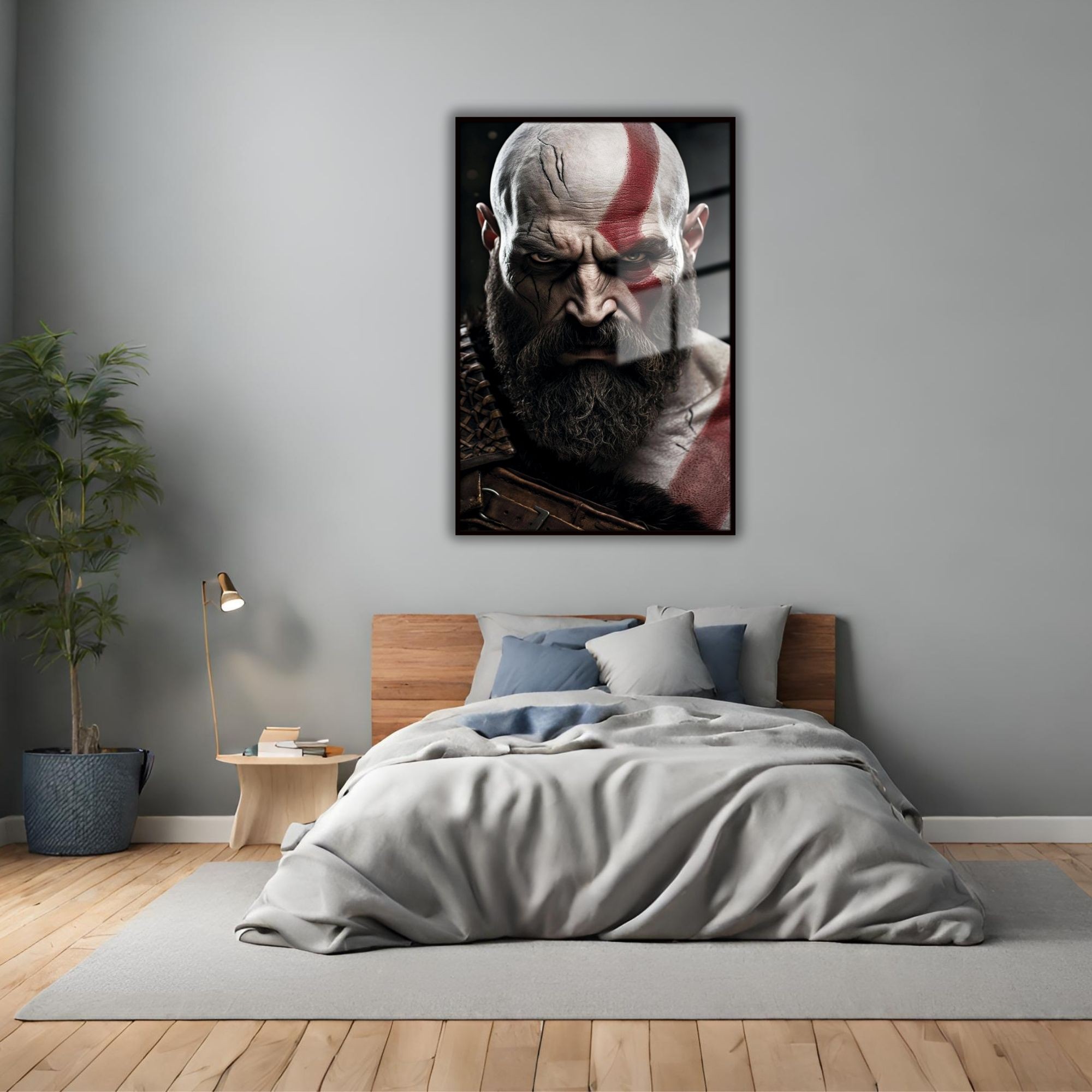 Metal Çerçeveli Temperli Cam Tablo God of War Karakteri Kratos