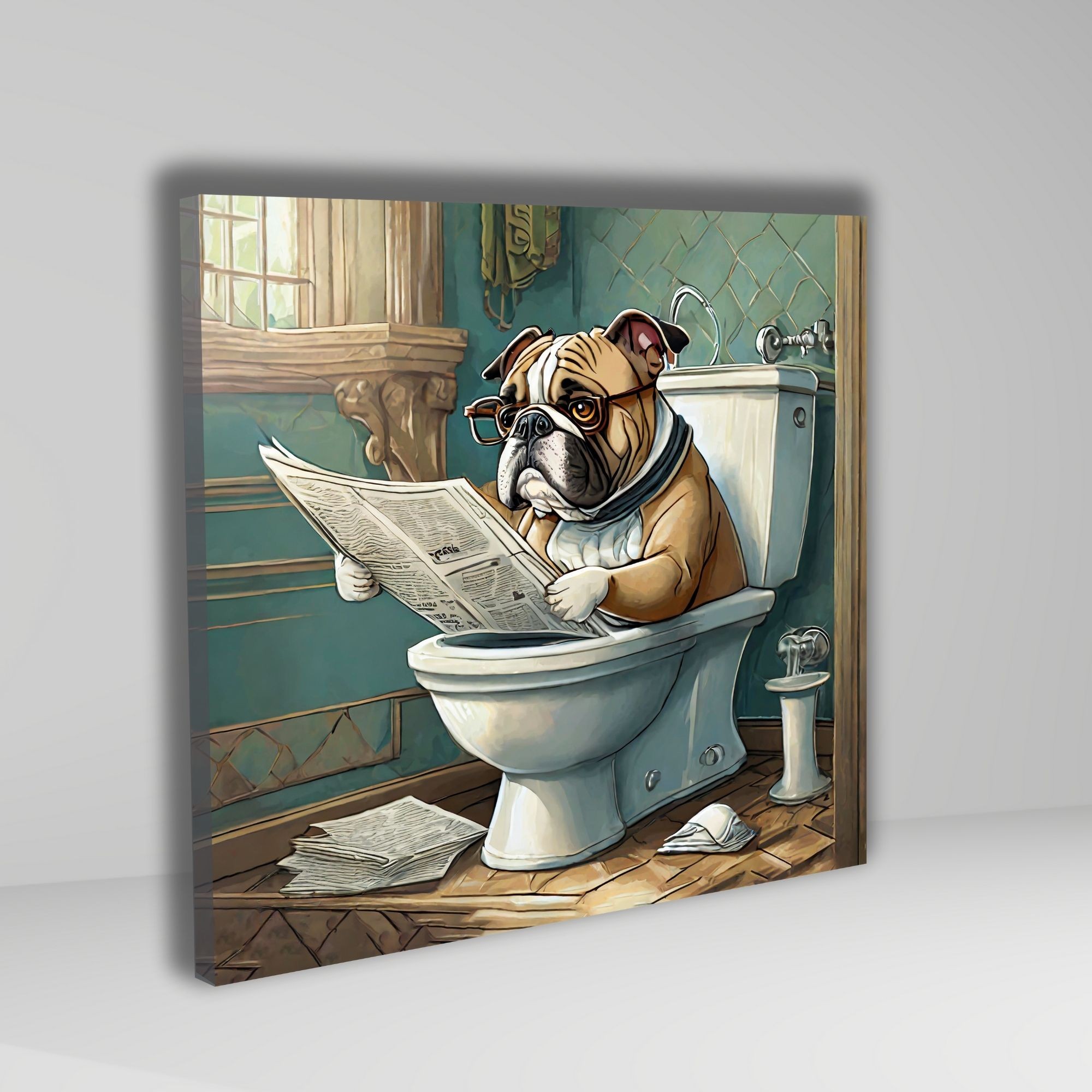 Tekli Kare Kanvas Banyo Tablosu Gazete Okuyan Bulldog Köpek