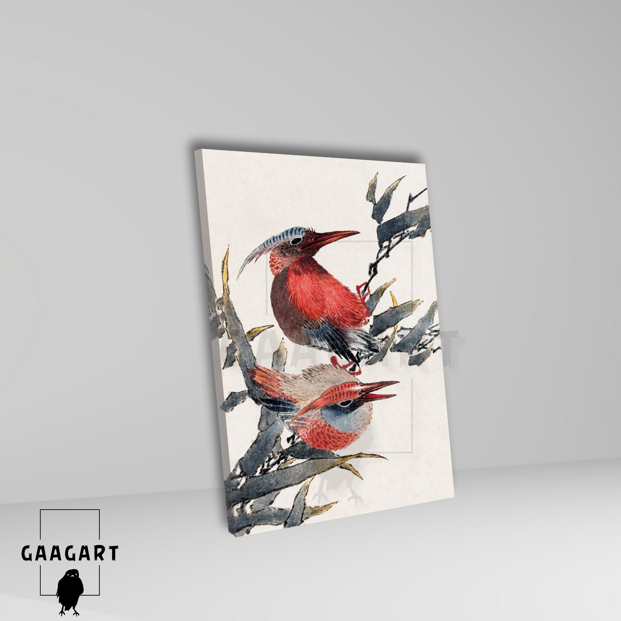 Tekli Dikey Kanvas Tablo Ünlü Eserler Katsushika Hokusai Kırmızı Kuşlar