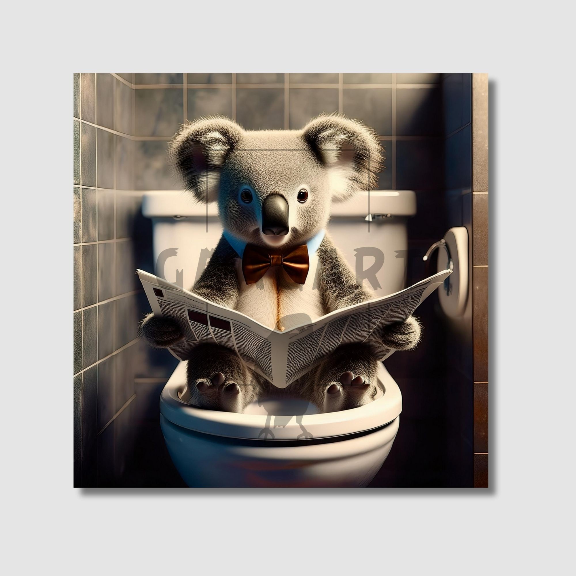 Tekli Kare Kanvas Banyo Tablosu Gazete Okuyan Papyonlu Koala