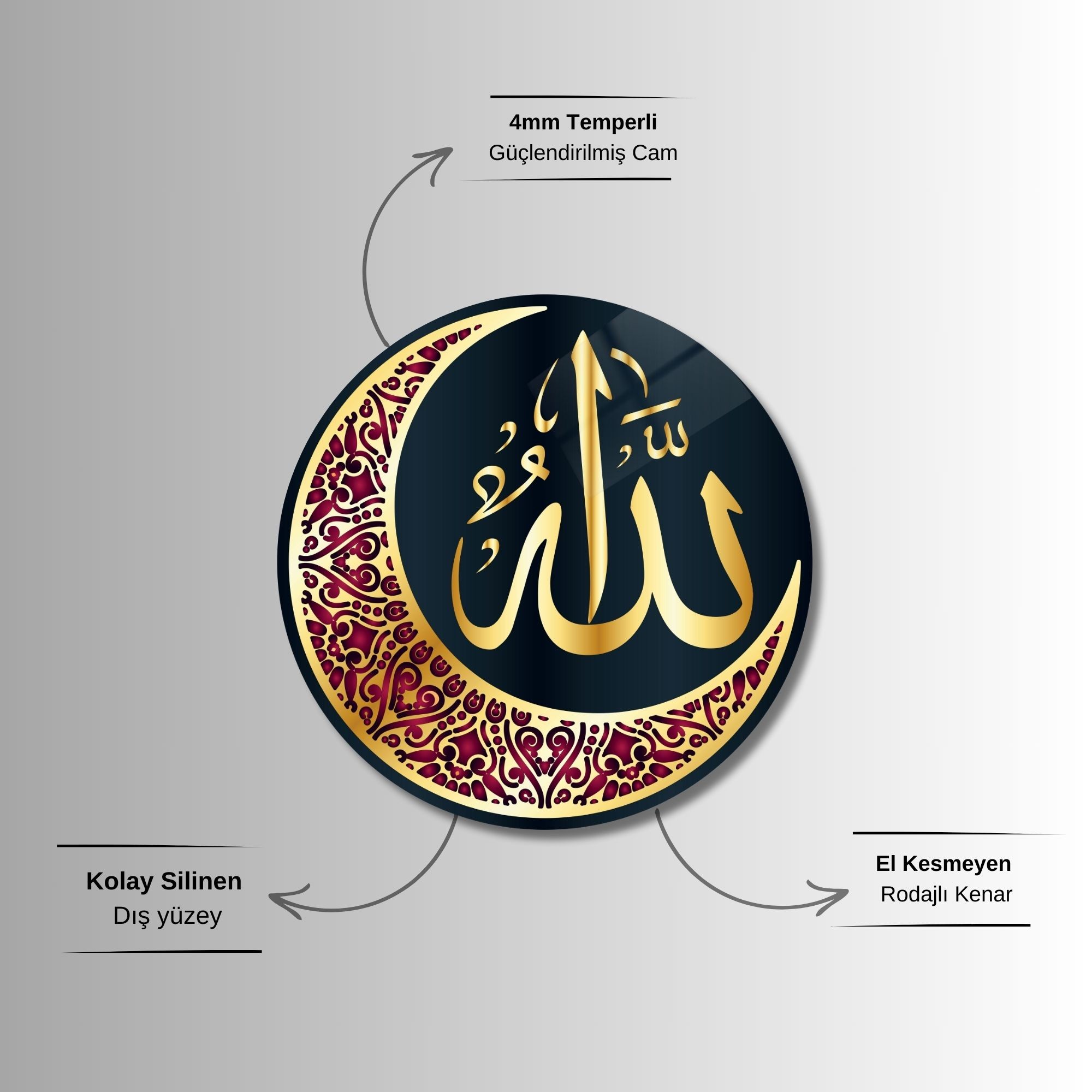Yuvarlak Temperli Gerçek Cam Dini Tablo Bordo Allah (c.c) Lafzı