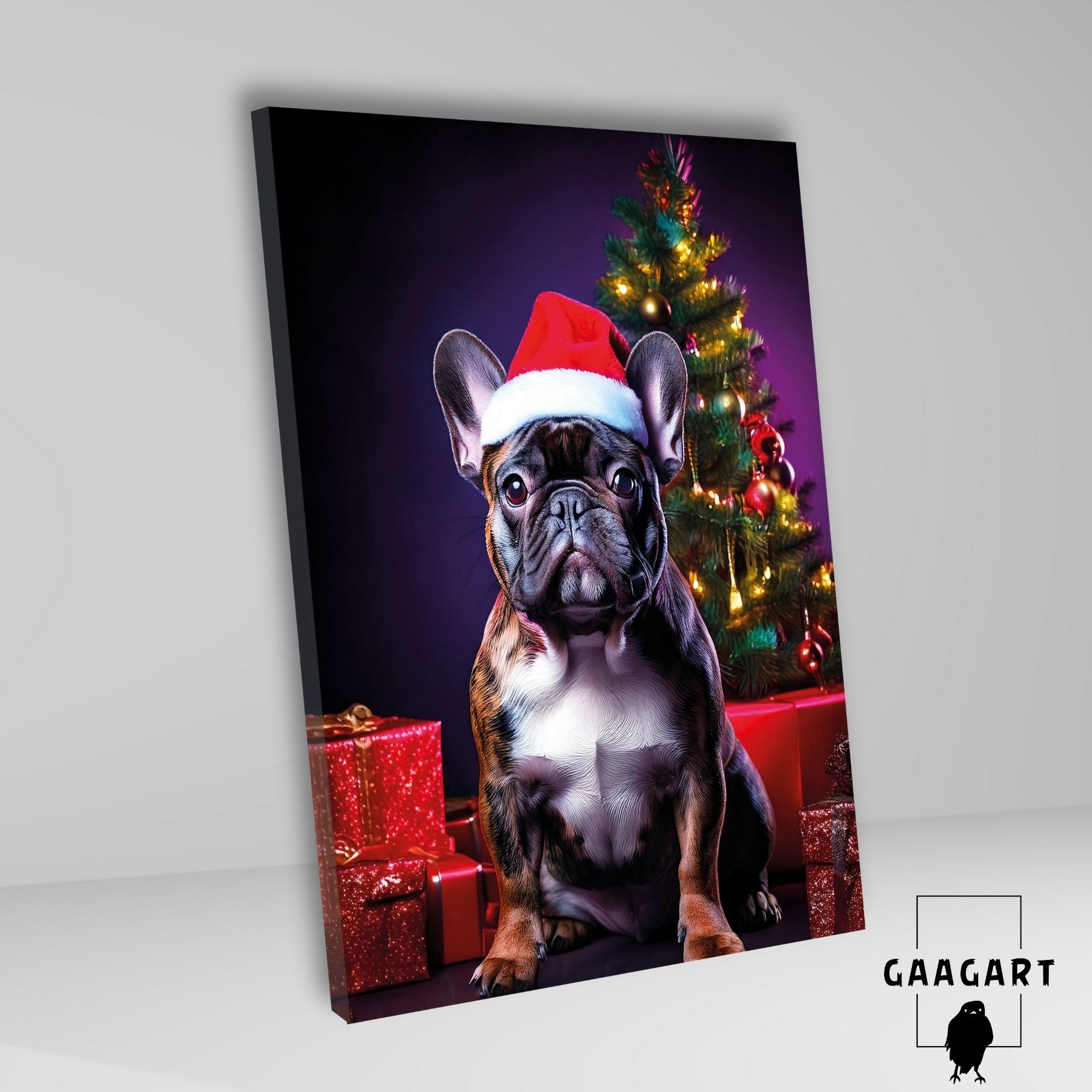 Tekli Dikey Kanvas Duvar Tablosu Yılbaşı Hediyesi Noel Baba Kostümlü French Bulldog