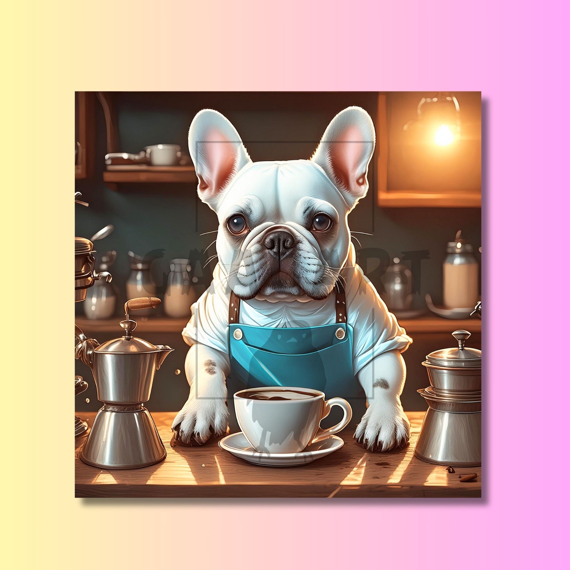 Kare Kanvas Kahve Köşesi Cafe Tablosu Barista Beyaz French Bulldog