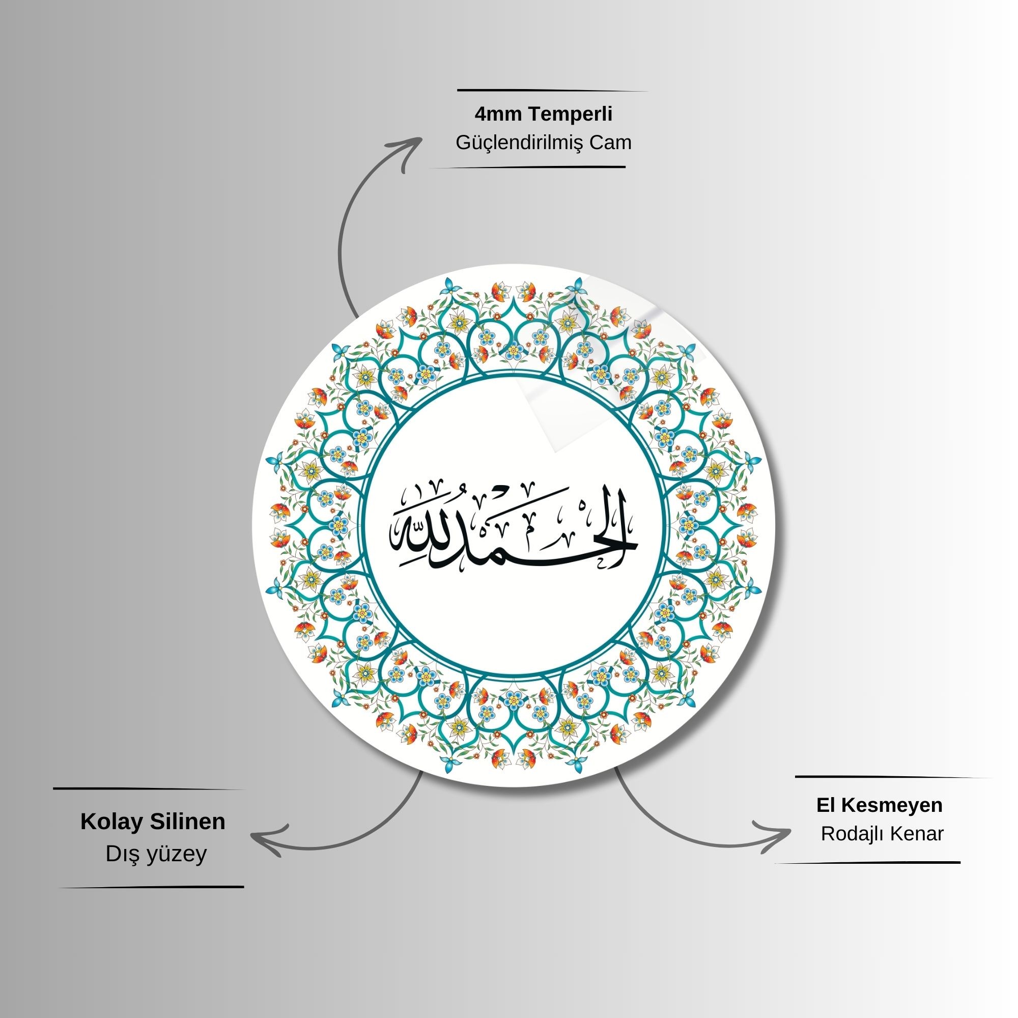 Yuvarlak Temperli Gerçek Cam Dini Tablo Elhamdülillah Tasarımı