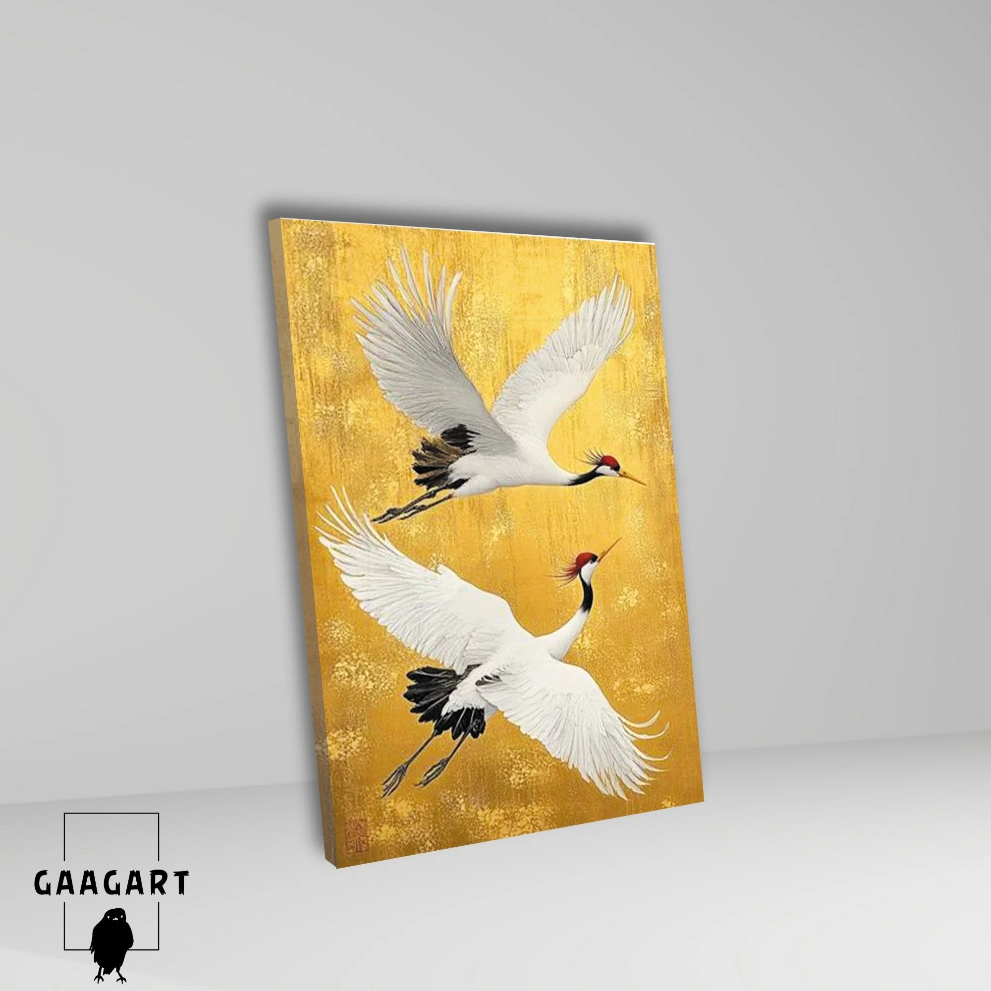 Tekli Dikey Kanvas Tablo Yağlı Boya Görünümlü Gold Uçan Turna Kuşları