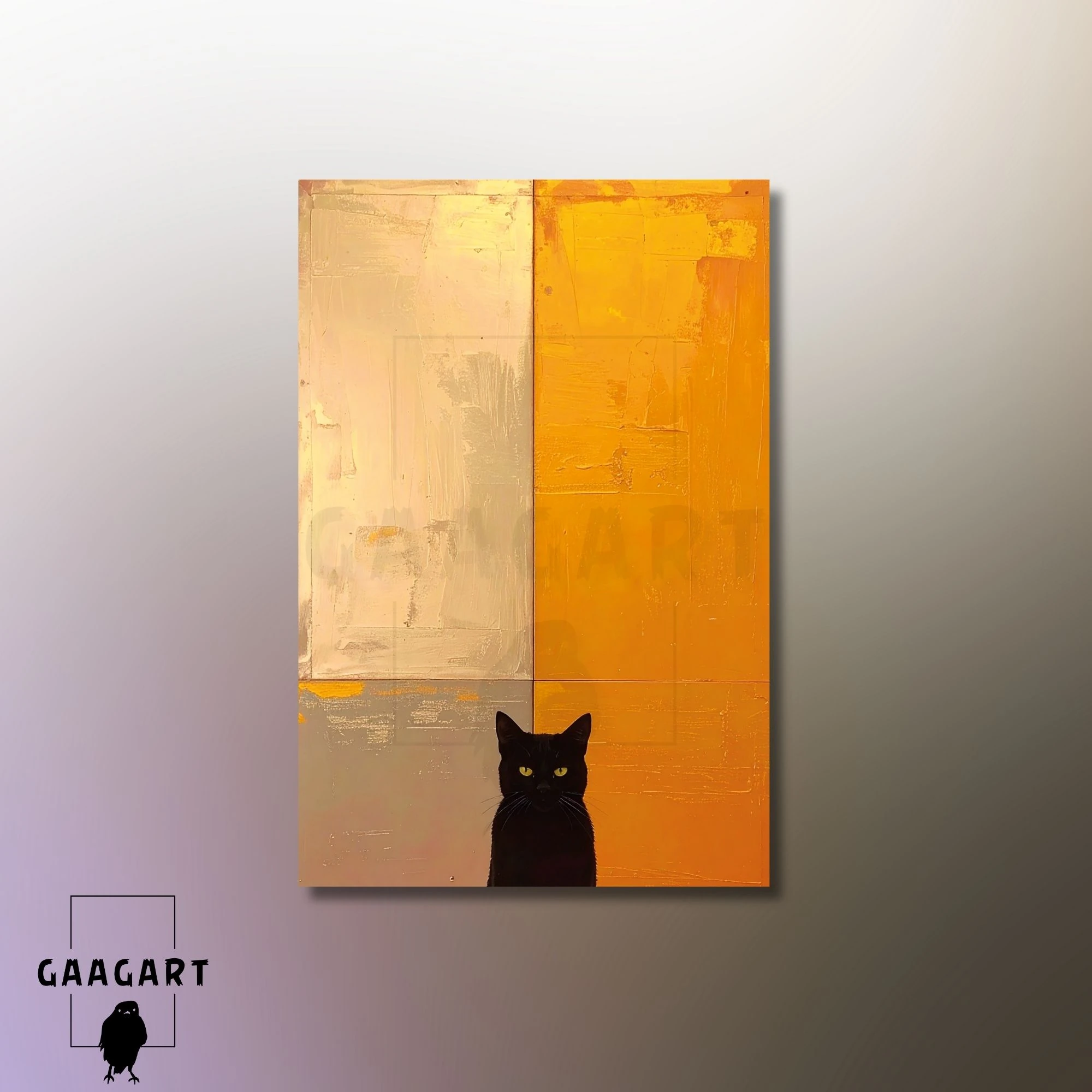 Tekli Dikey Kanvas Tablo Soyut Sanatsal Turuncu ve Kara Kedi