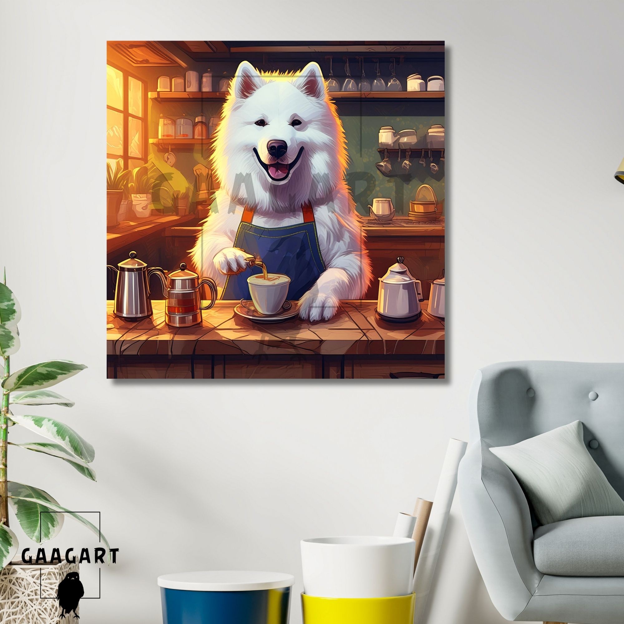 Kare Kanvas Kahve Köşesi Cafe Tablosu Barista Samoyed Köpek