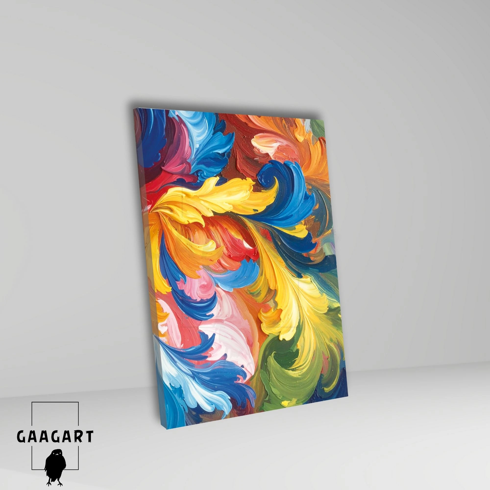 Tekli Dikey Kanvas Tablo Soyut Yaprak Yağlı Boya Görünümlü Fırça Darbeleri