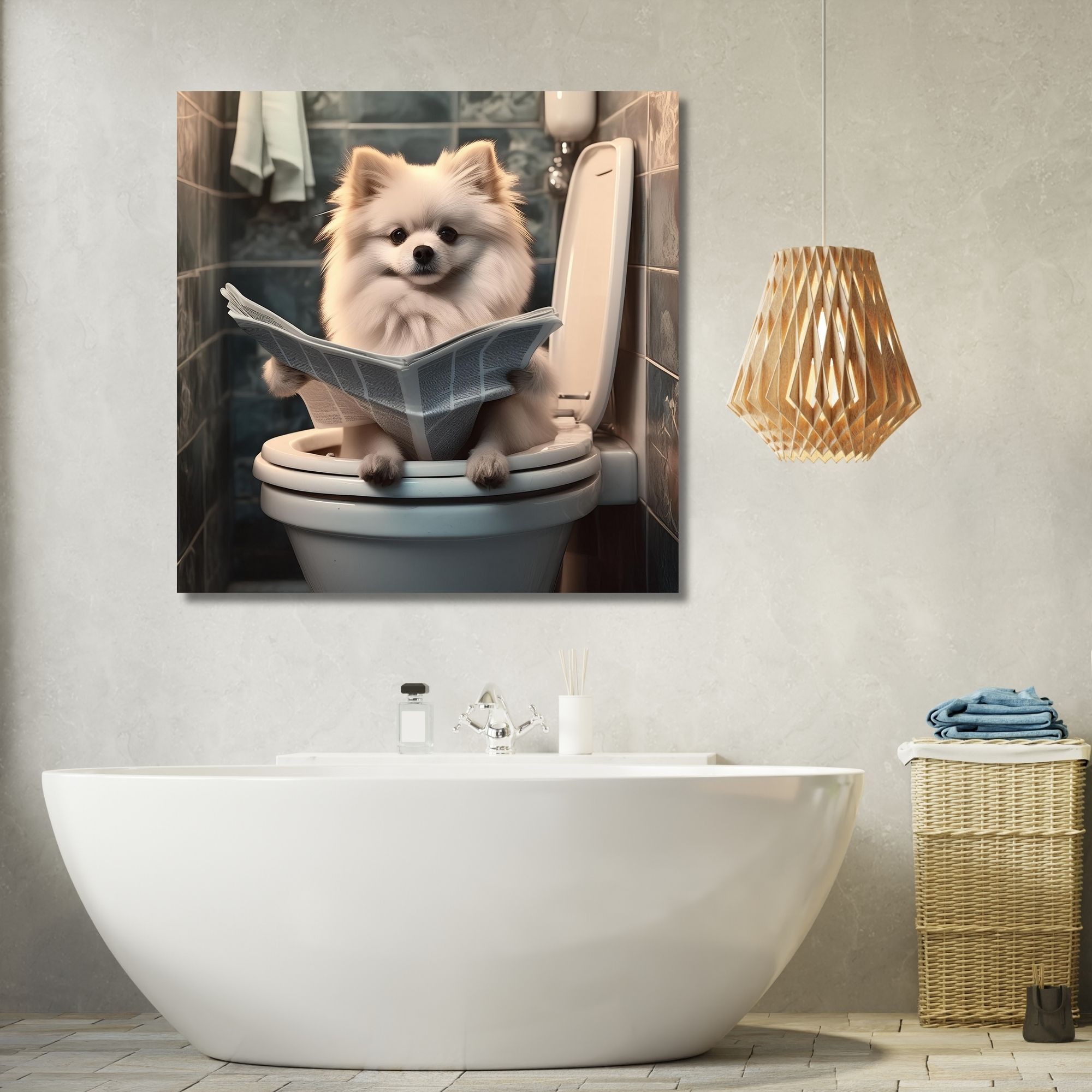 Tekli Kare Kanvas Banyo Tablosu Gazete Okuyan Krem Pomeranian