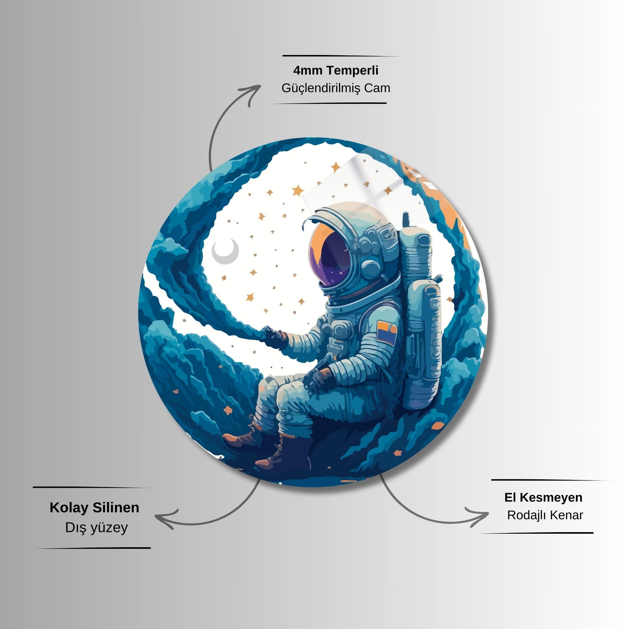 Yuvarlak Temperli Gerçek Cam Tablo Uzayda Mavi Astronot
