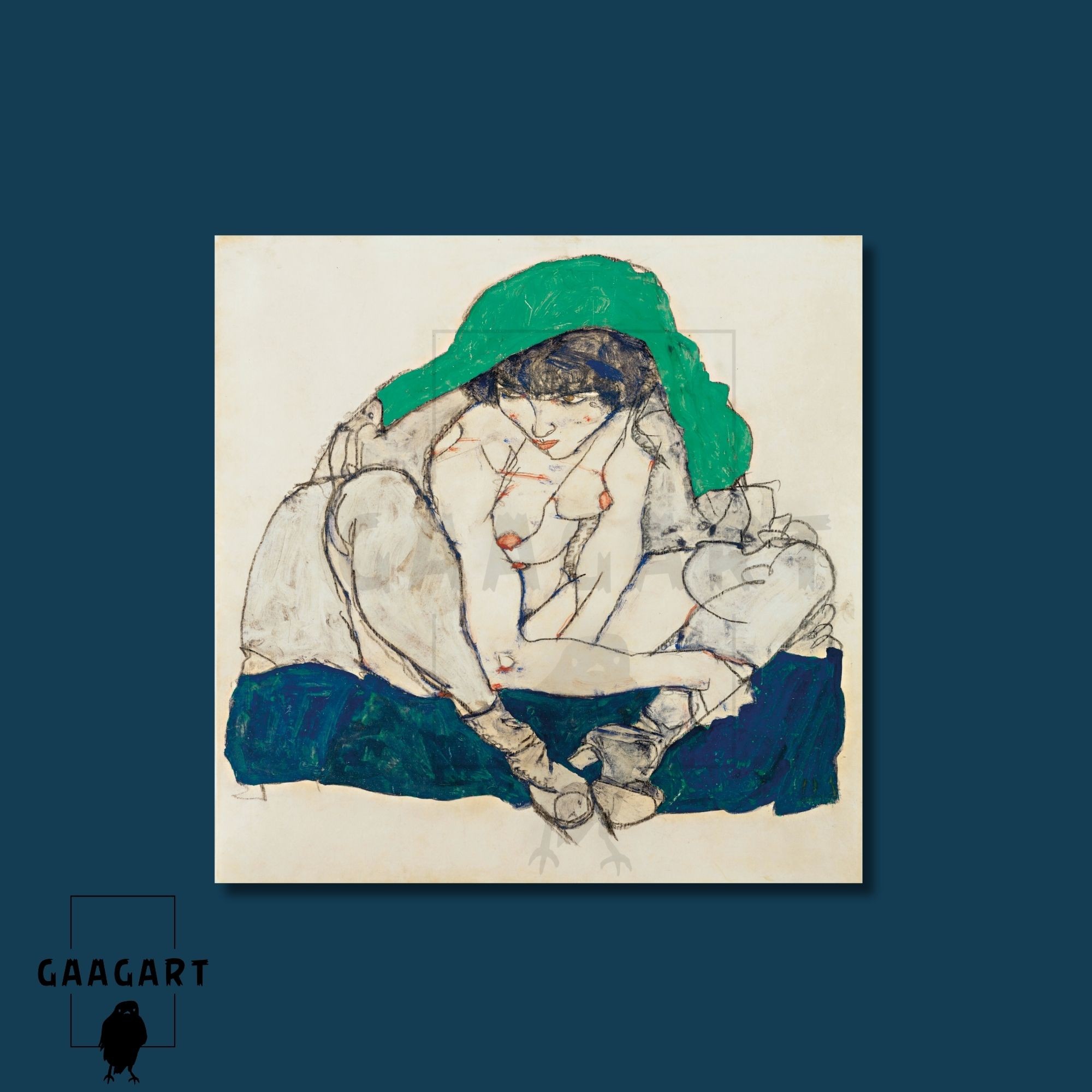 Kare Kanvas Tablo Ünlü Eserler Egon Schiele Crouching Woman with Green Headscarf