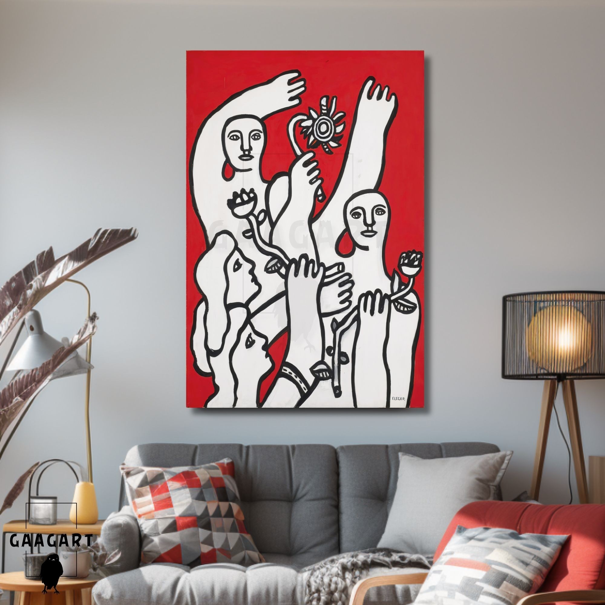 Tekli Dikey Kanvas Tablo Ünlü Eserler Fernand Leger La Joie Fond Rouge