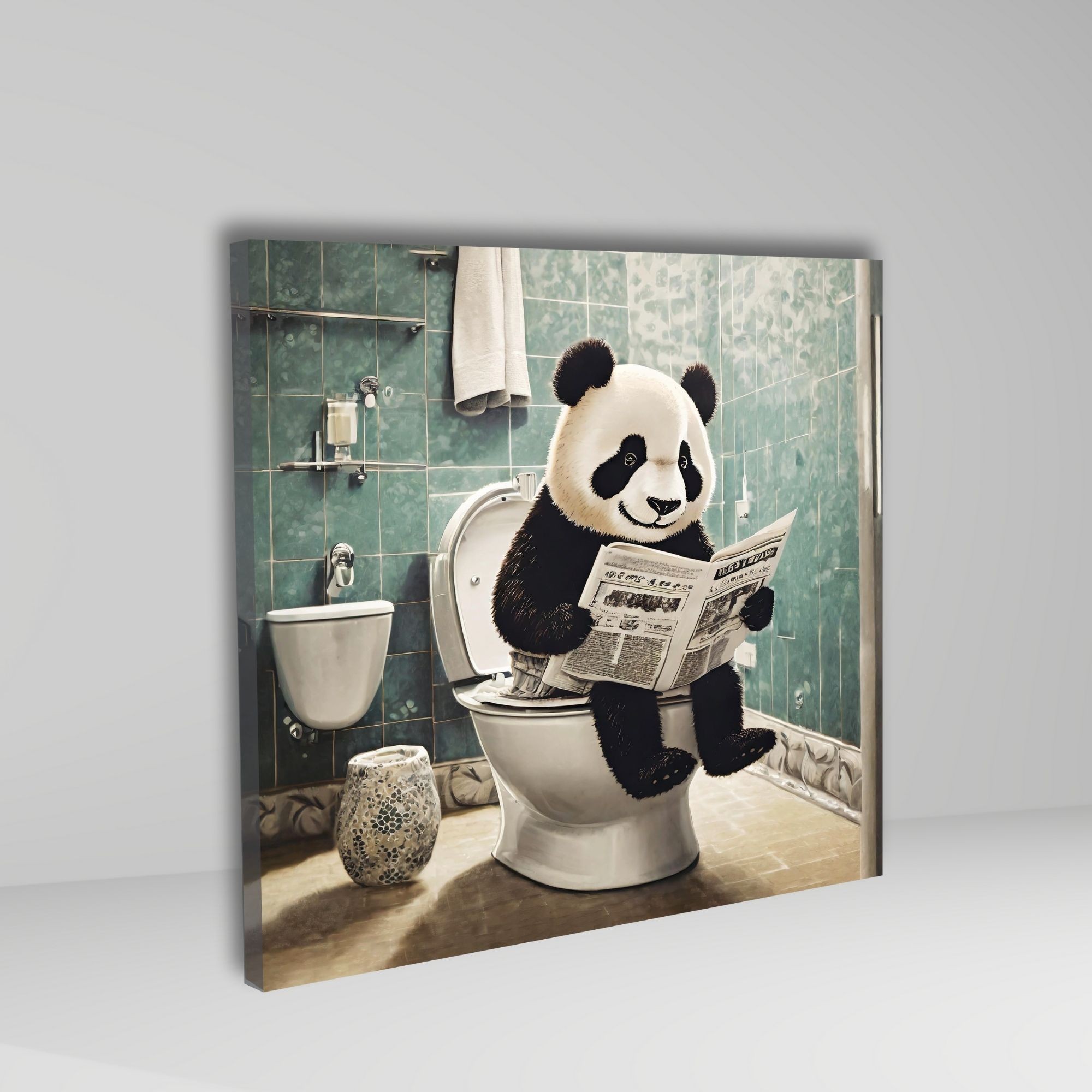 Tekli Kare Kanvas Banyo Tablosu Gazete Okuyan Panda