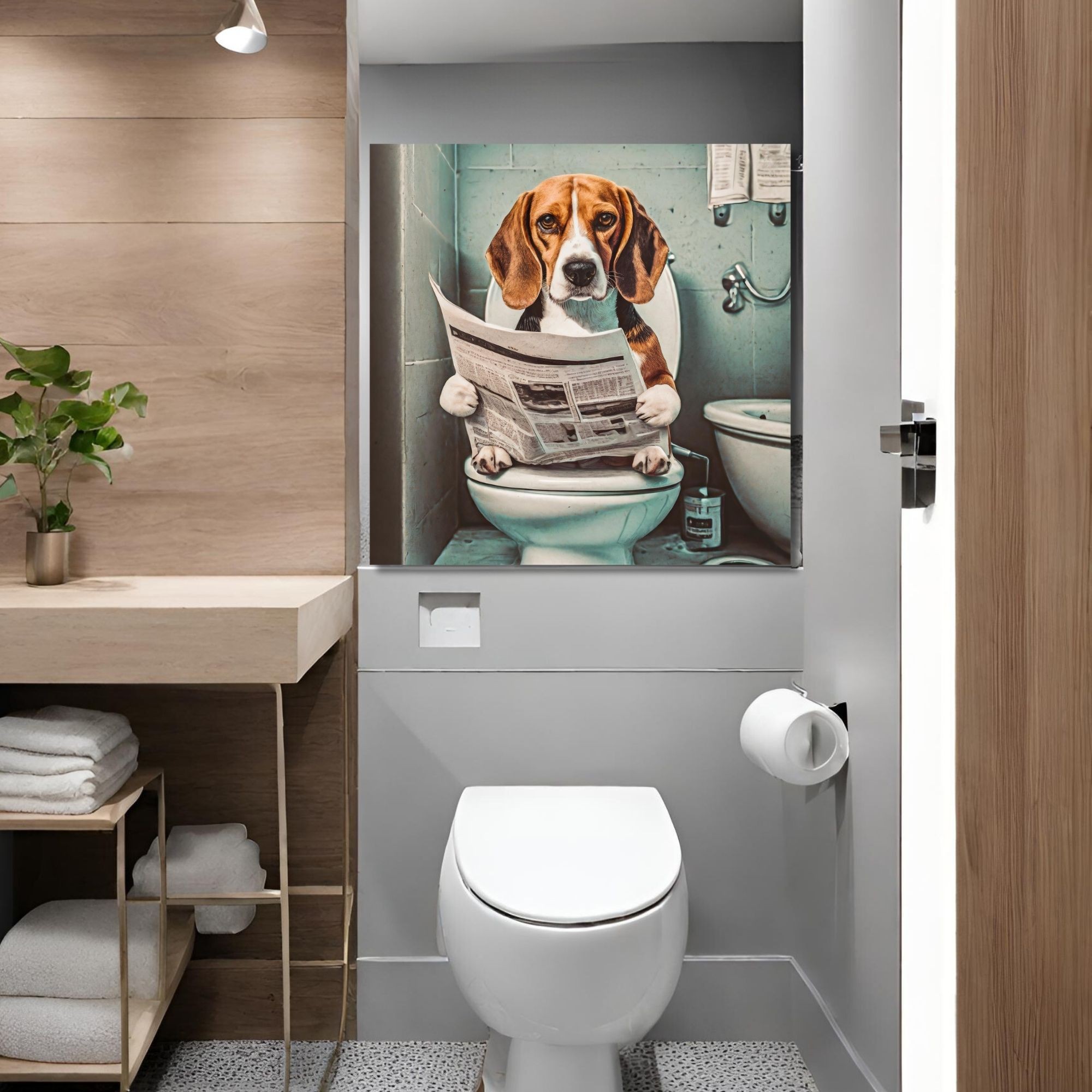 Tekli Kare Kanvas Banyo Tablosu Gazete Okuyan Beagle Köpek