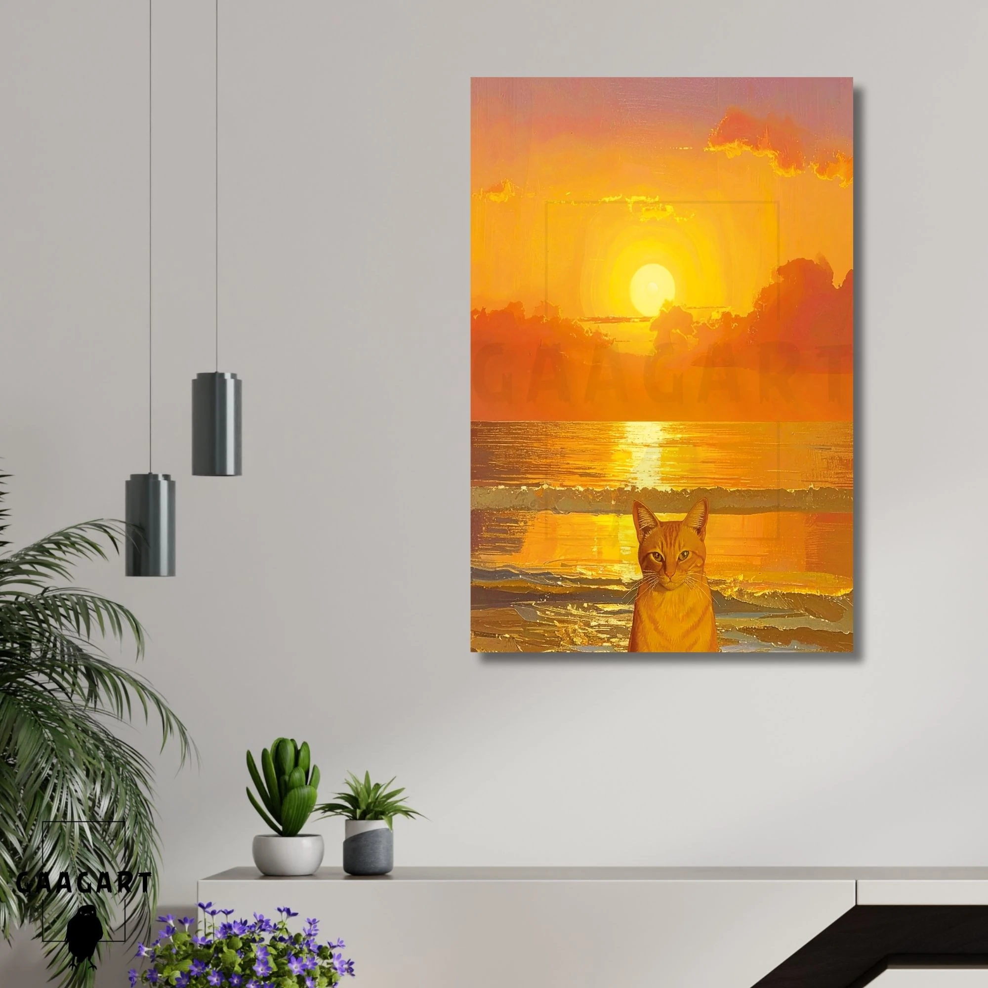 Tekli Dikey Kanvas Tablo Gün Batımı Ve Sarı Kedi Sarman