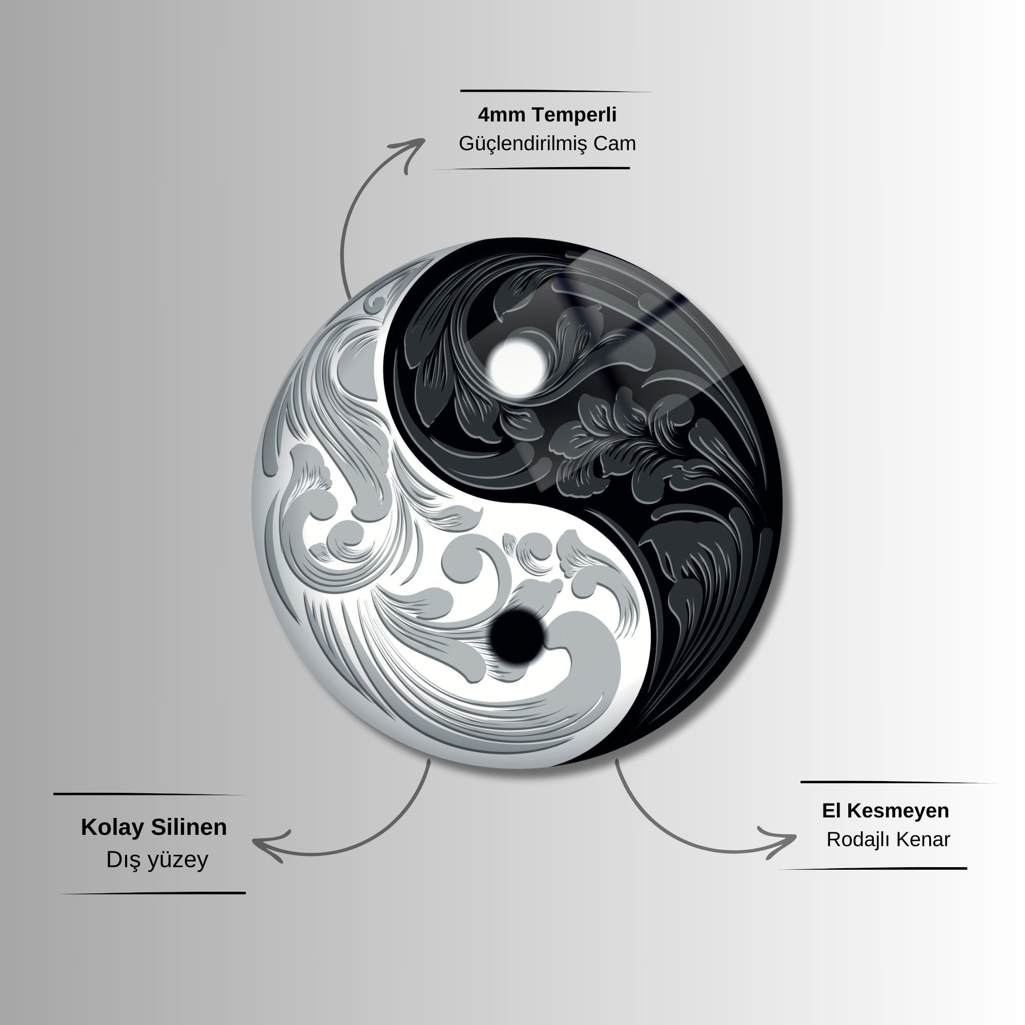 Yuvarlak Temperli Gerçek Cam Tablo Siyah Beyaz Yin Yang