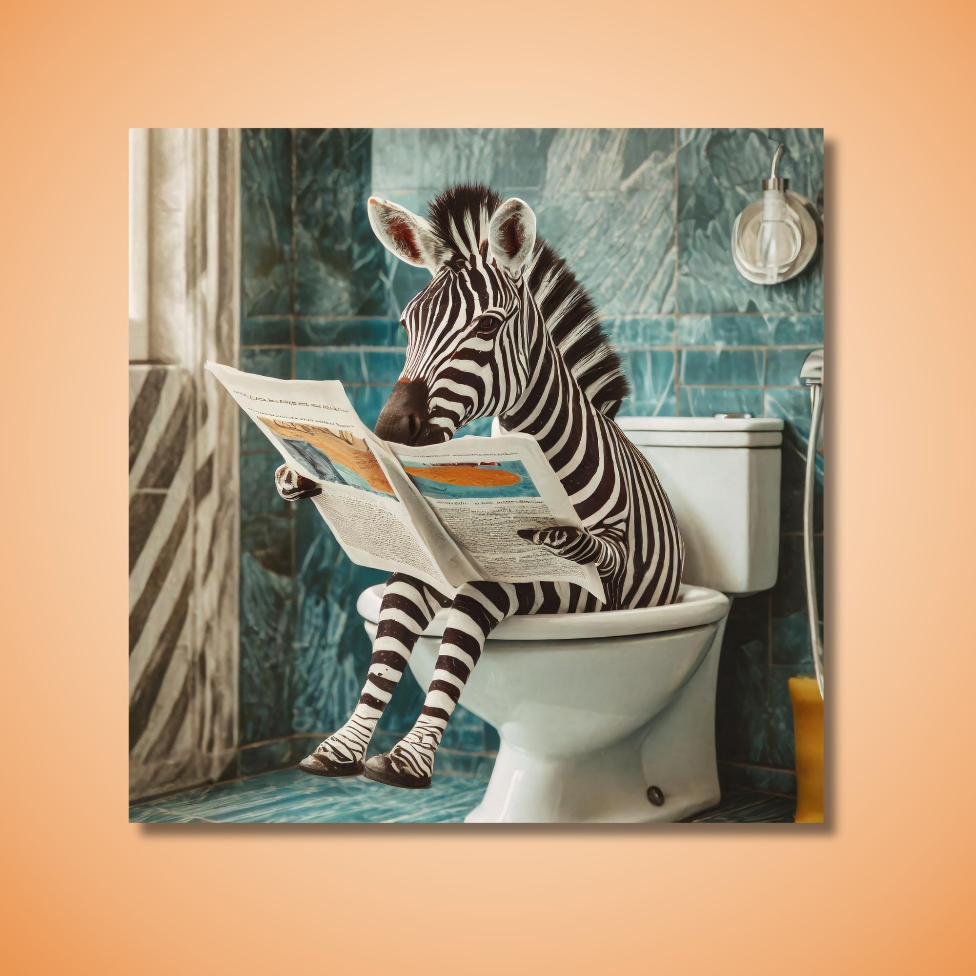 Tekli Kare Kanvas Banyo Tablosu Gazete Okuyan Zebra