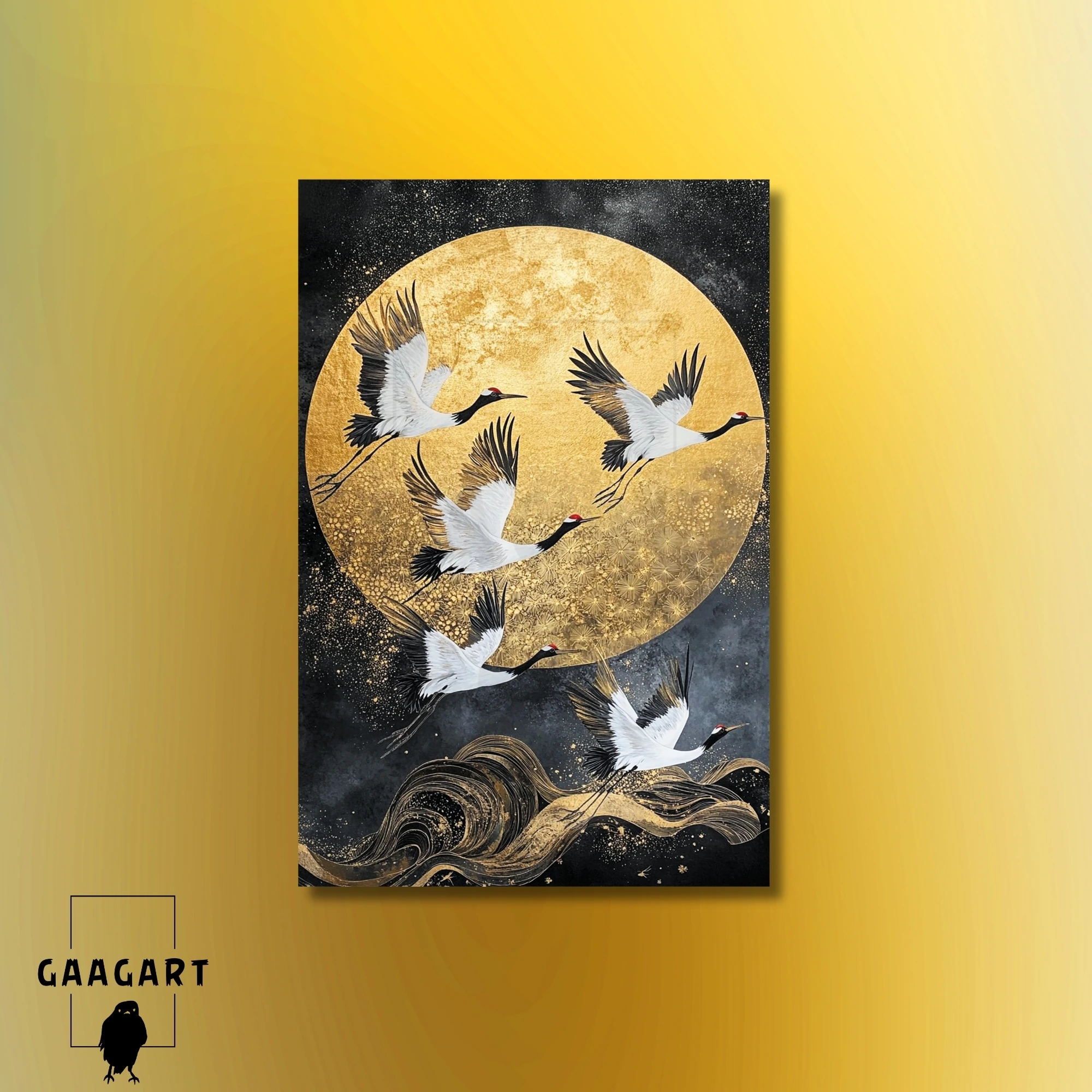 Tekli Dikey Kanvas Tablo Yağlı Boya Görünümlü Gold Ay ve Leylekler