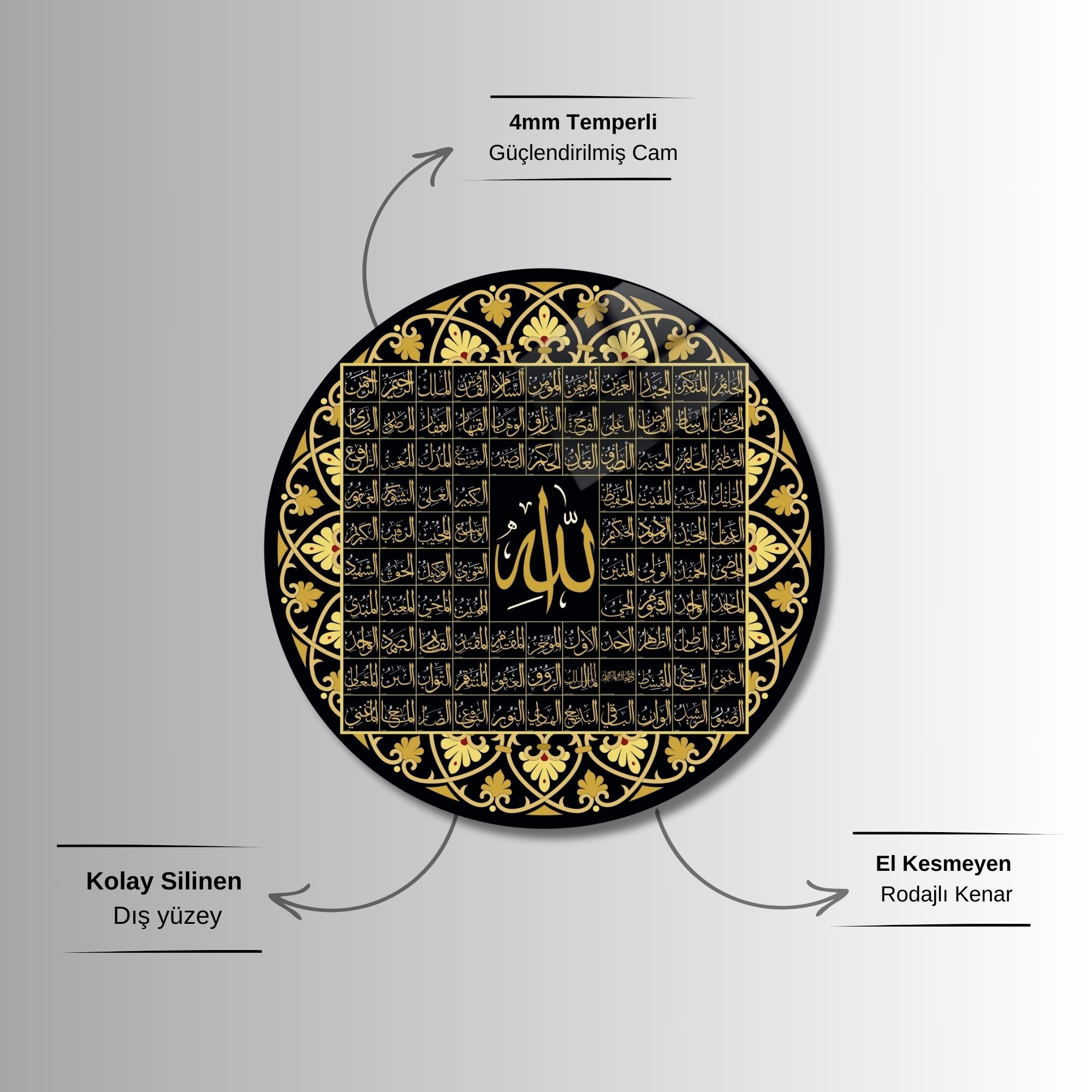 Yuvarlak Temperli Gerçek Cam Dini Tablo Kare Esmâü'l Hüsna