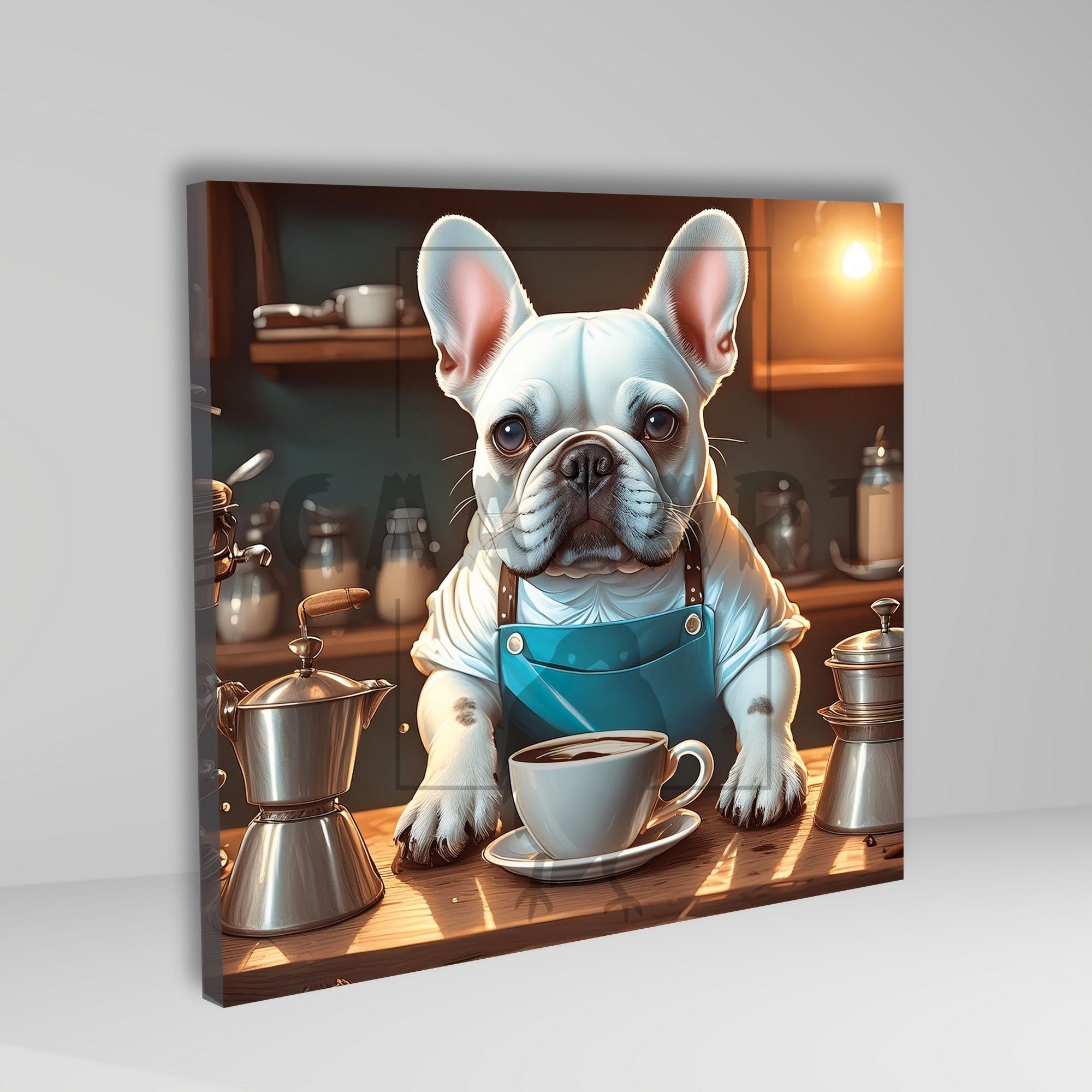 Kare Kanvas Kahve Köşesi Cafe Tablosu Barista Beyaz French Bulldog