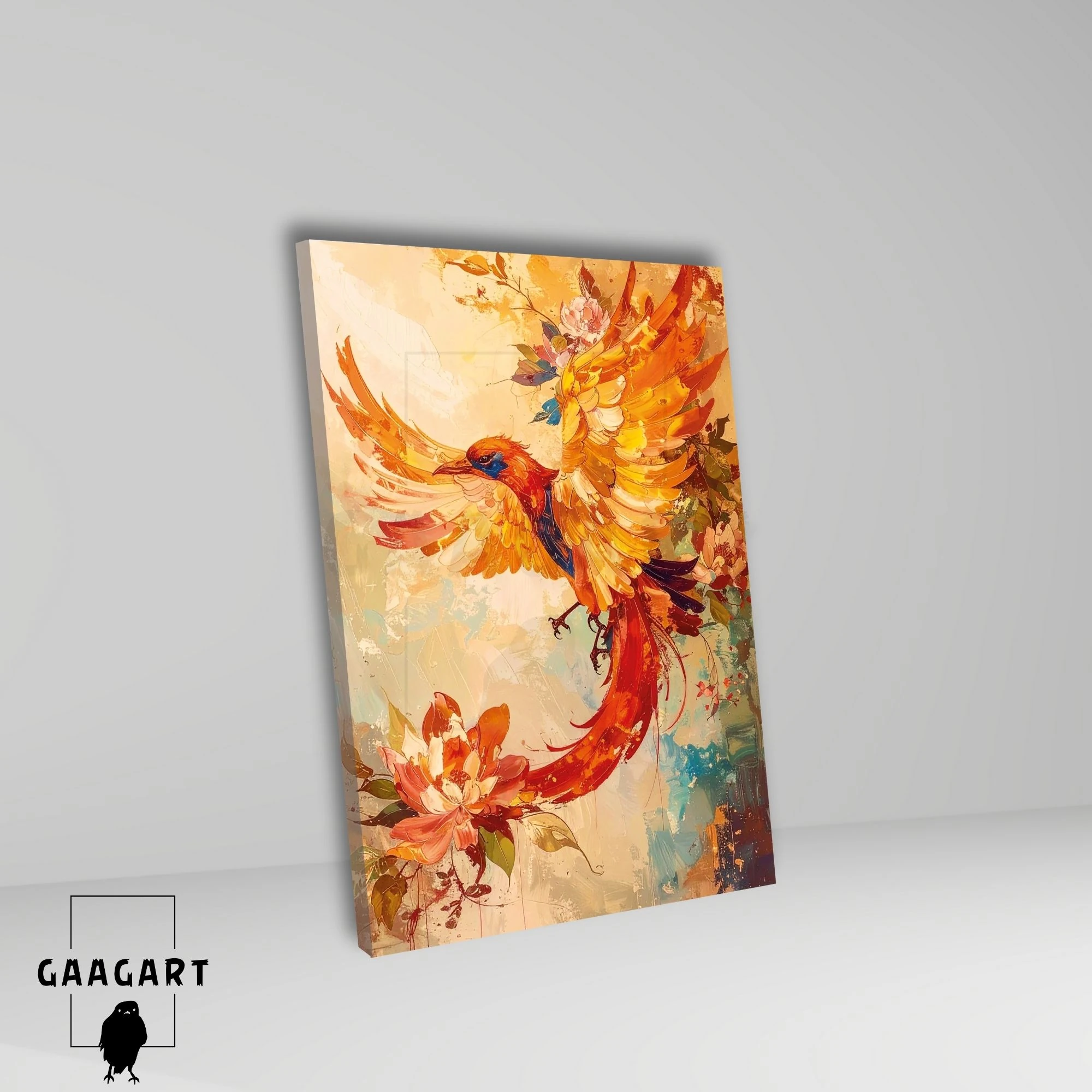 Tekli Dikey Kanvas Tablo Sanatsal Yağlı Boya Görünümlü Anka Kuşu