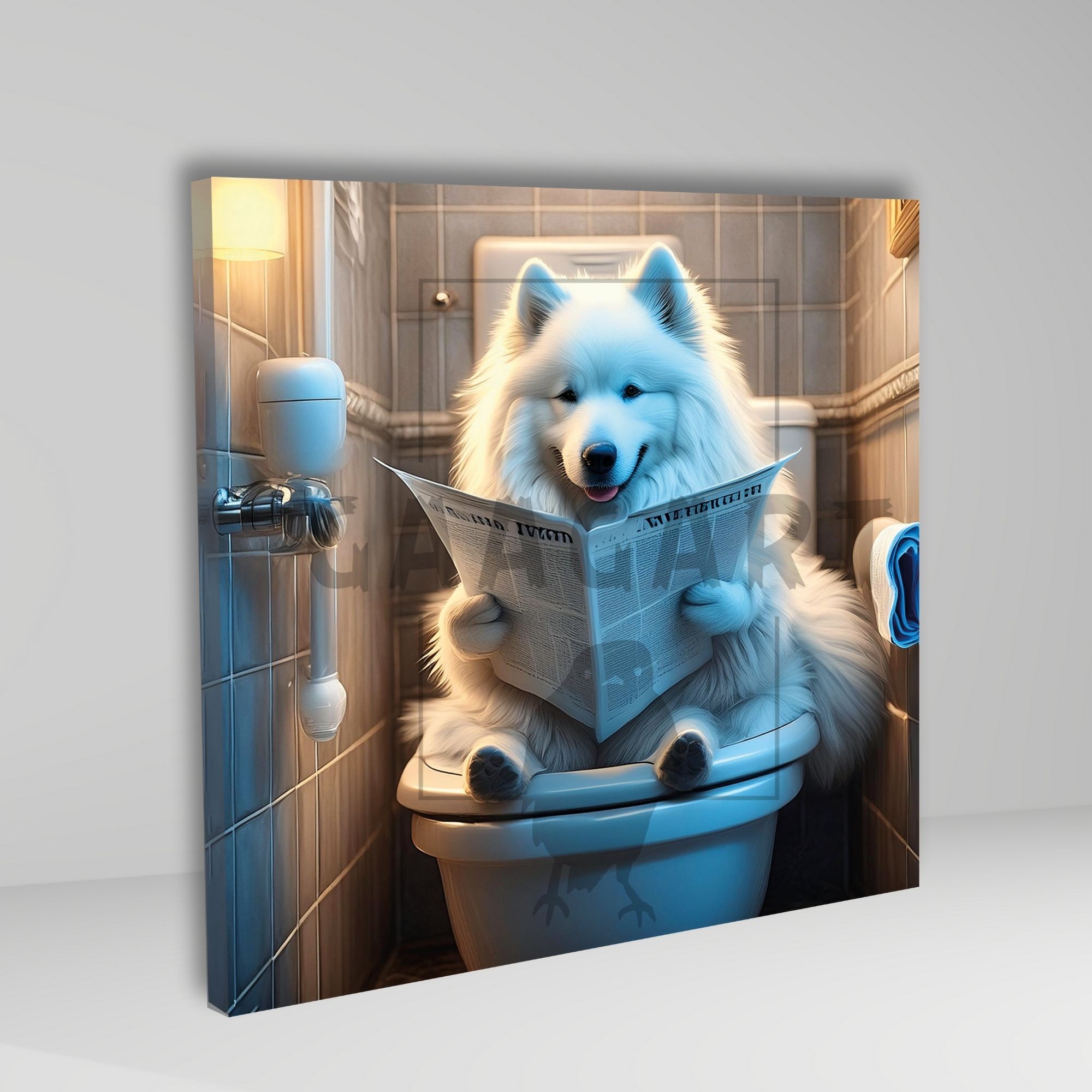 Tekli Kare Kanvas Banyo Tablosu Gazete Okuyan Samoyed Köpek