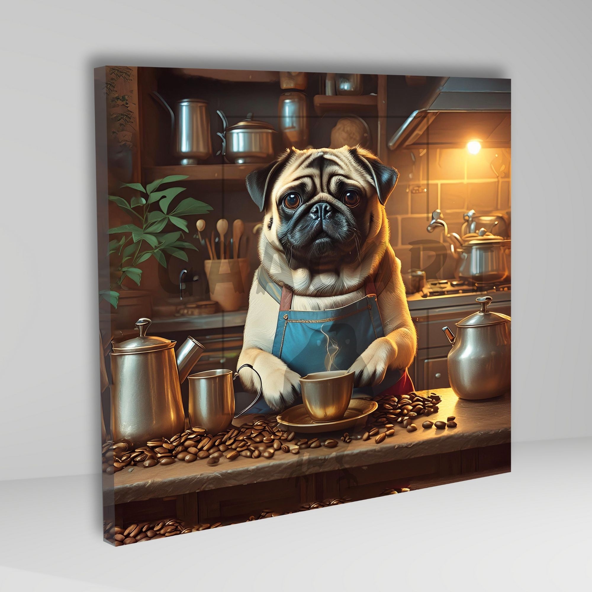 Kare Kanvas Kahve Köşesi Cafe Tablosu Barista Pug Köpek