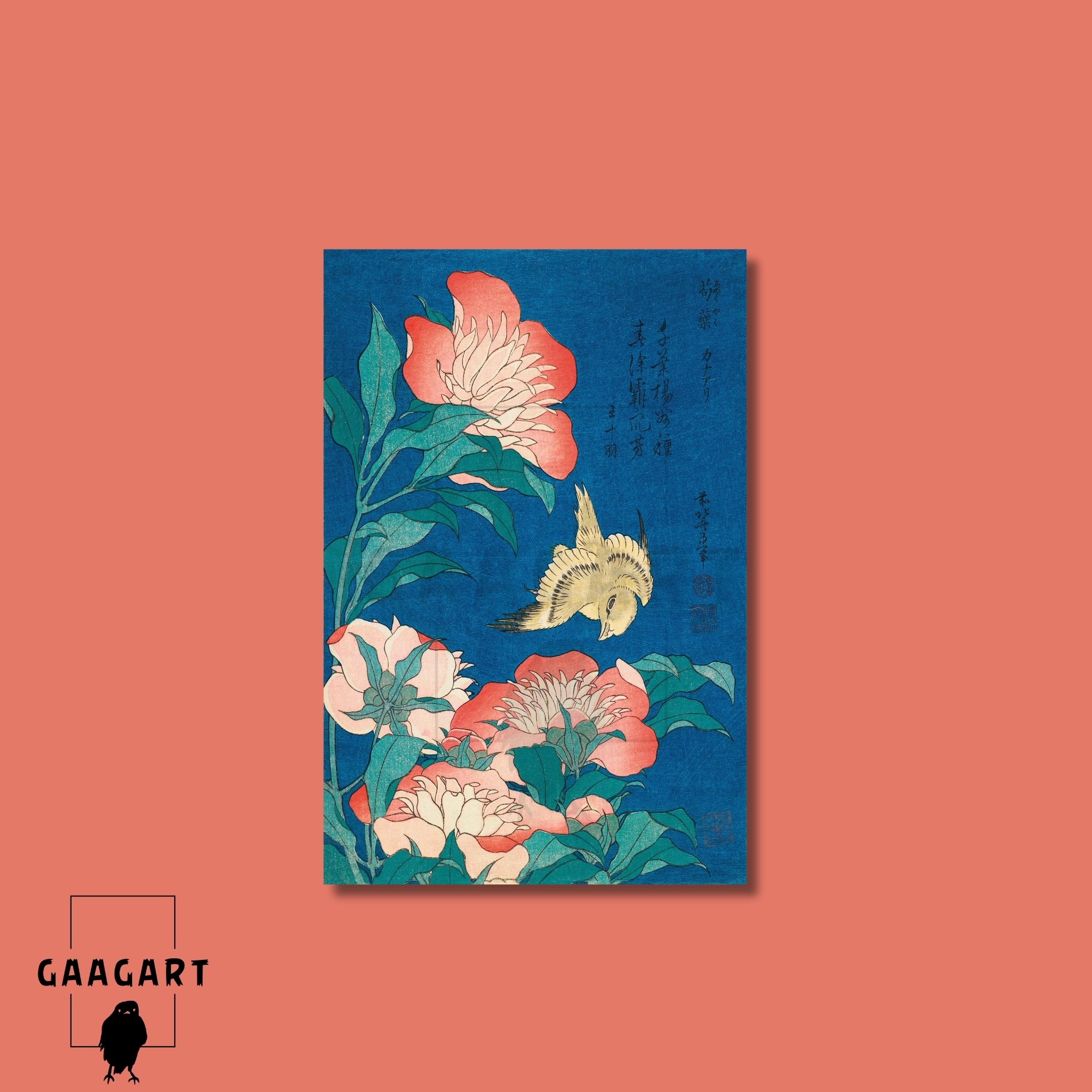 Tekli Dikey Kanvas Tablo Ünlü Eserler Katsushika Hokusai Canary And Peonary