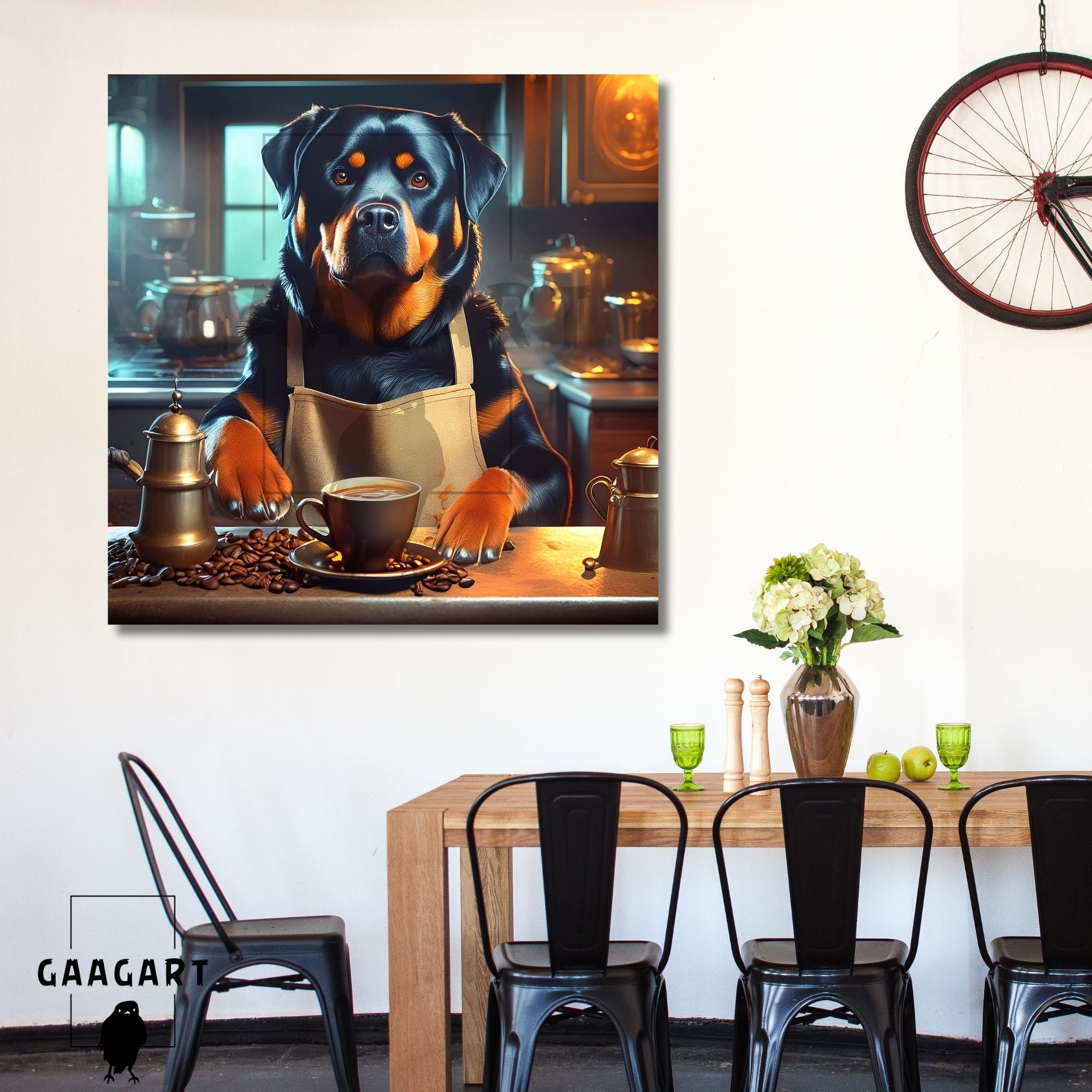 Kare Kanvas Kahve Köşesi Cafe Tablosu Barista Rottweiler Köpek