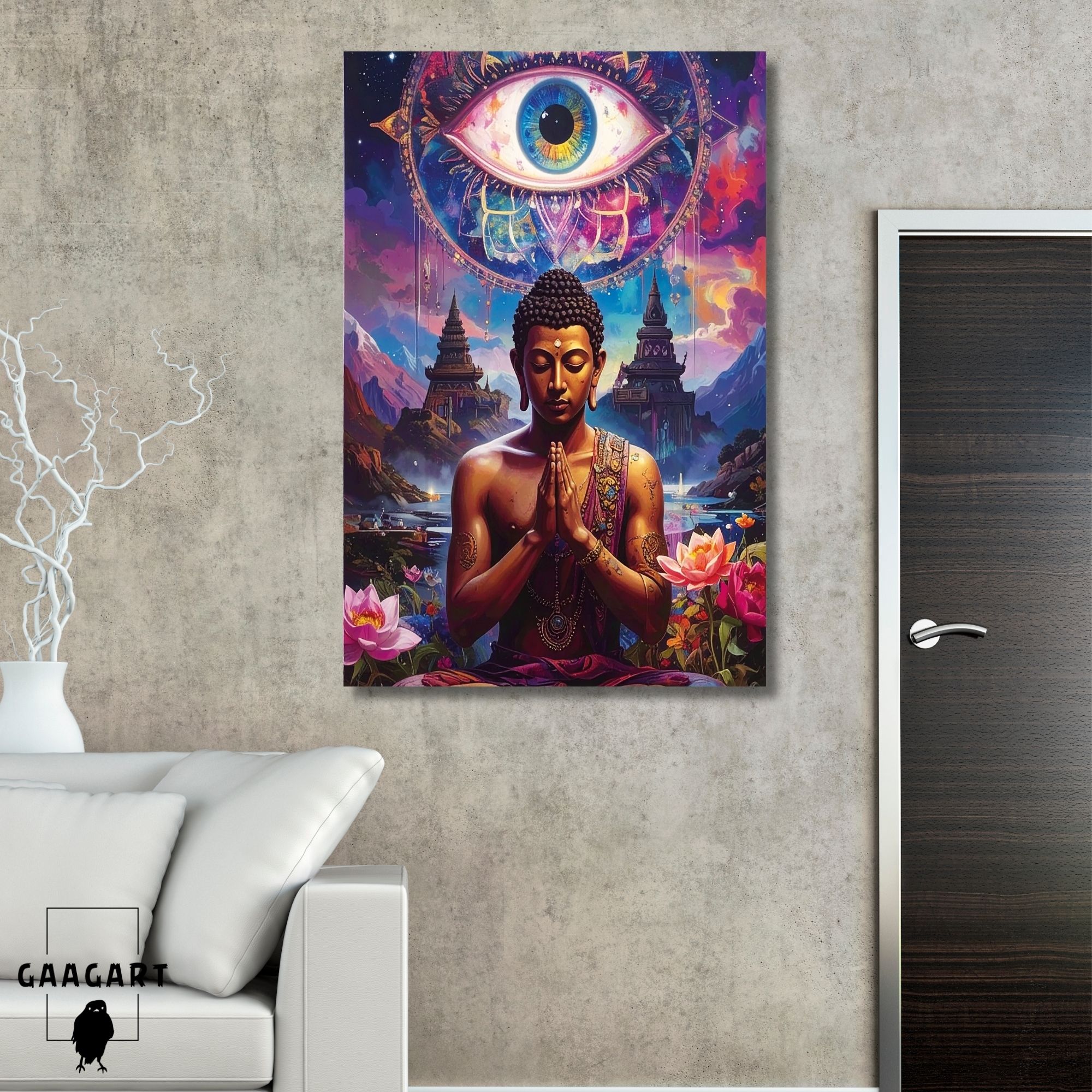 Tekli Dikey Kanvas Tablo Renkli Sanatsal Buda Heykeli