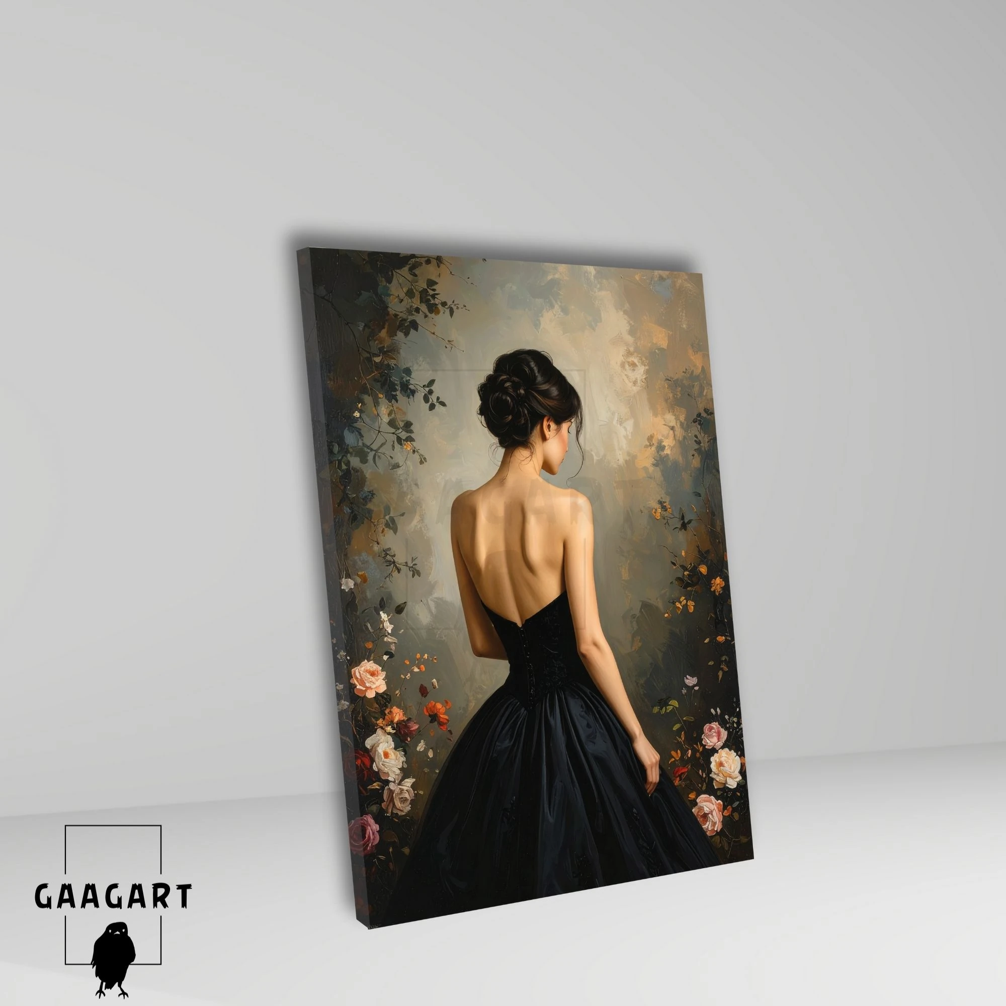 Tekli Dikey Kanvas Tablo Sırt Dekolteli Çiçekli Yağlı Boya Görünümlü Kadın