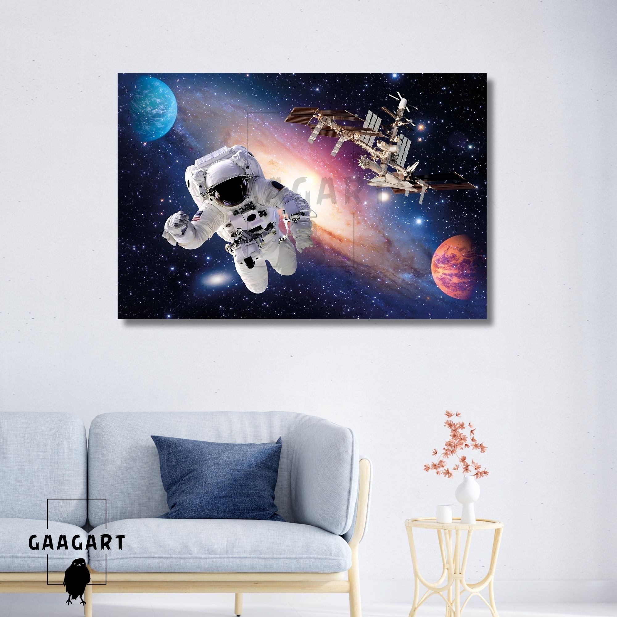 Tekli Yatay Kanvas Duvar Tablosu Uzay Astronot ve Uydu
