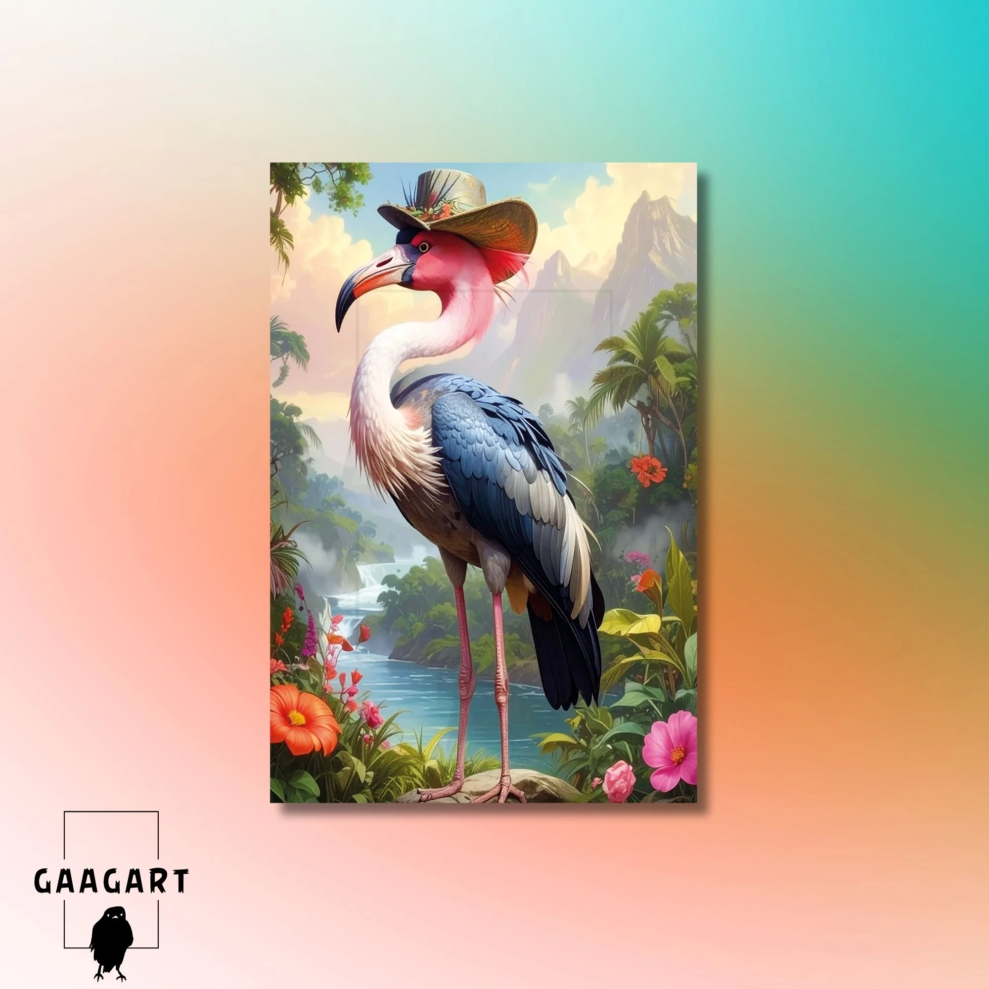 Tekli Dikey Kanvas Tablo Yüksek Kaliteli Renkli Şapkalı Flamingo