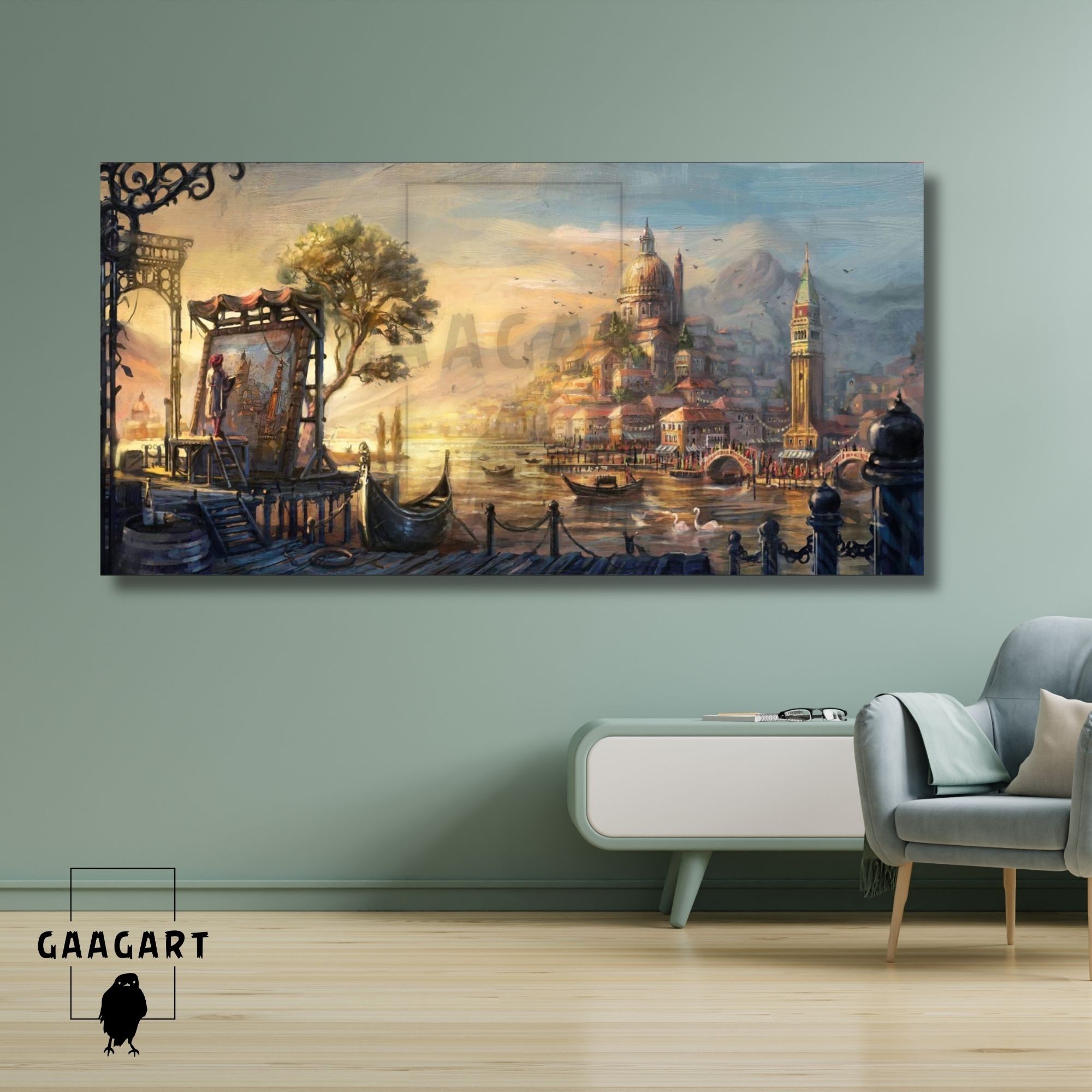 Panoramik Kanvas Duvar Tablosu Soyut Yağlı Boya Görünümlü Venedik'te Ressam