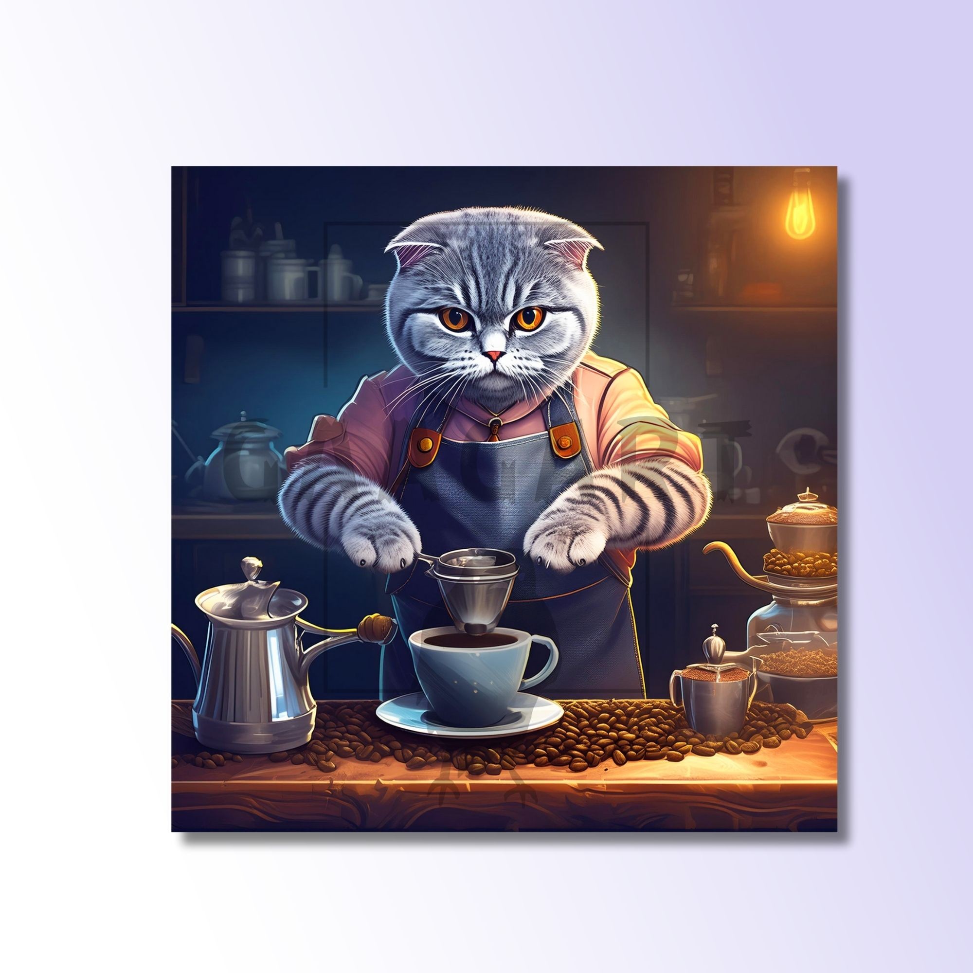 Kare Kanvas Kahve Köşesi Cafe Tablosu Barista Scottish Fold