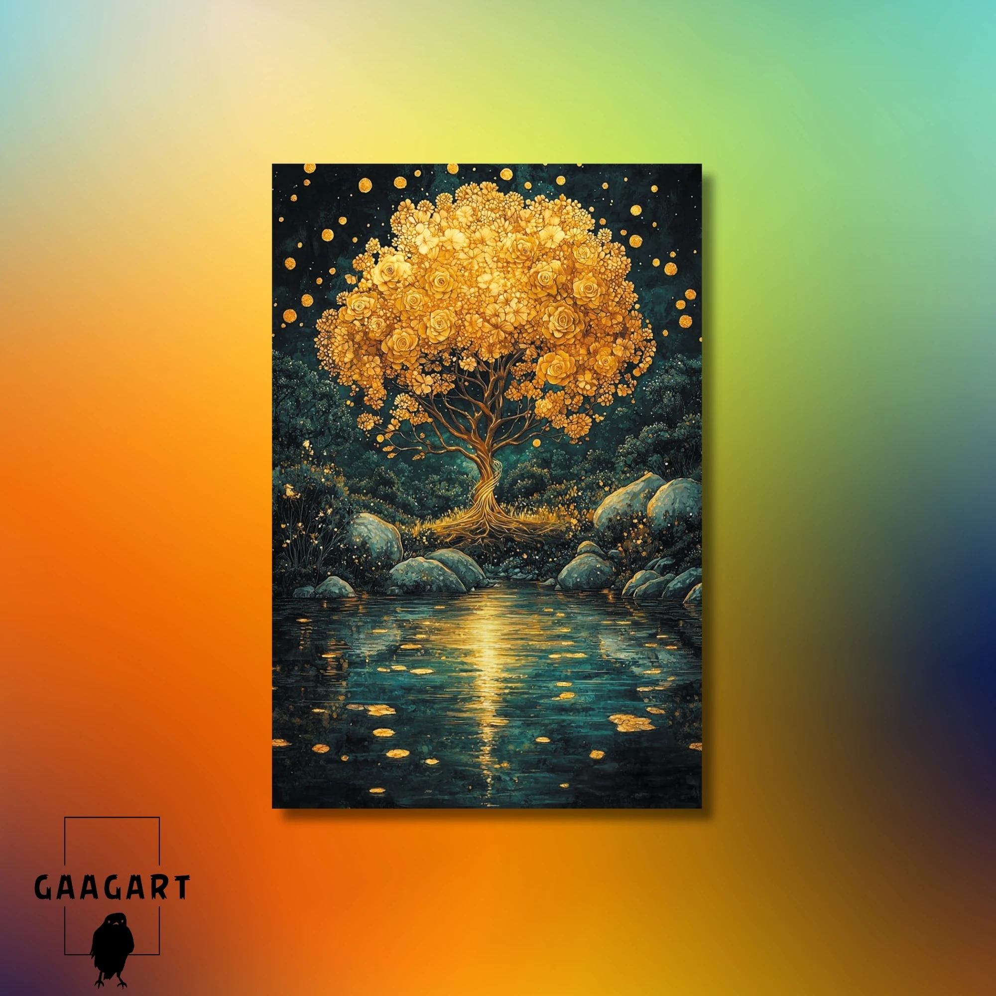 Tekli Dikey Kanvas Tablo Çiçekli Gece ve Ağaç