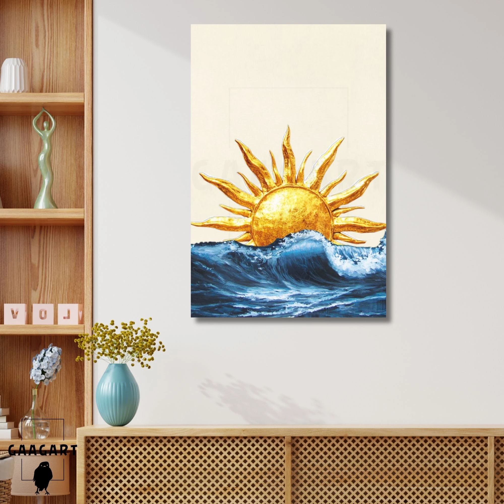 Tekli Dikey Kanvas Tablo Deniz Dalgası ve Güneş