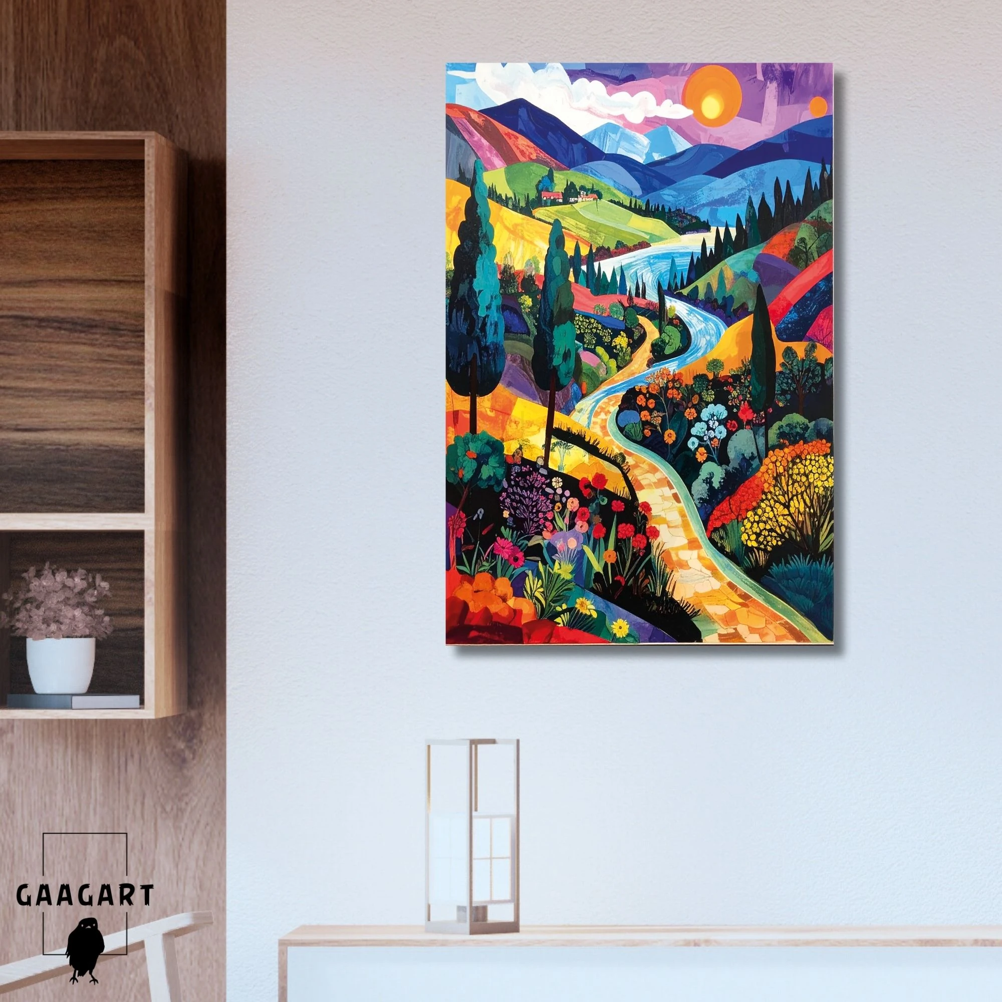 Tekli Dikey Kanvas Tablo Ağaçlar ve Dağlar Manzara Renkli