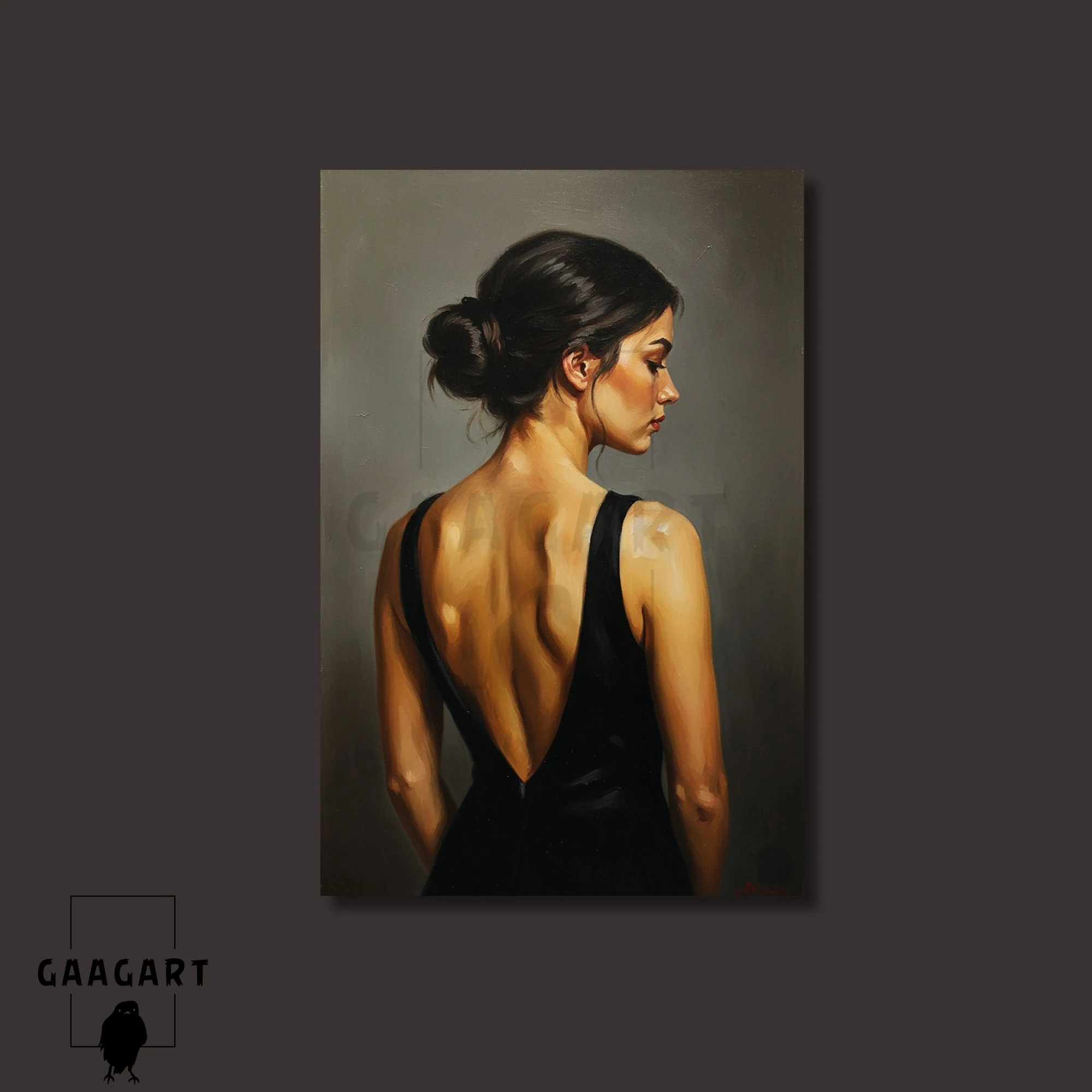 Tekli Dikey Kanvas Tablo Sırt Dekolteli Yağlı Boya Görünümlü Kadın