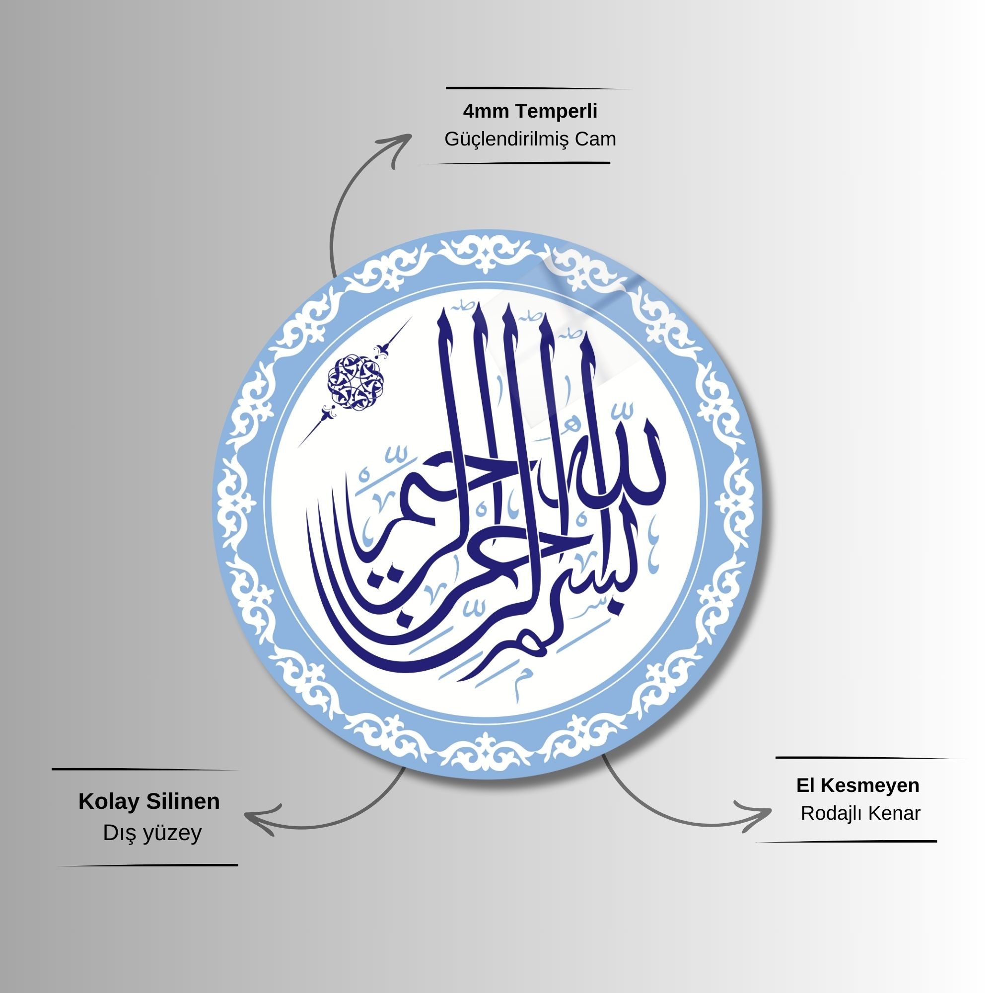 Yuvarlak Temperli Gerçek Cam Dini Tablo Mavi Bismillahirrahmanirrahim
