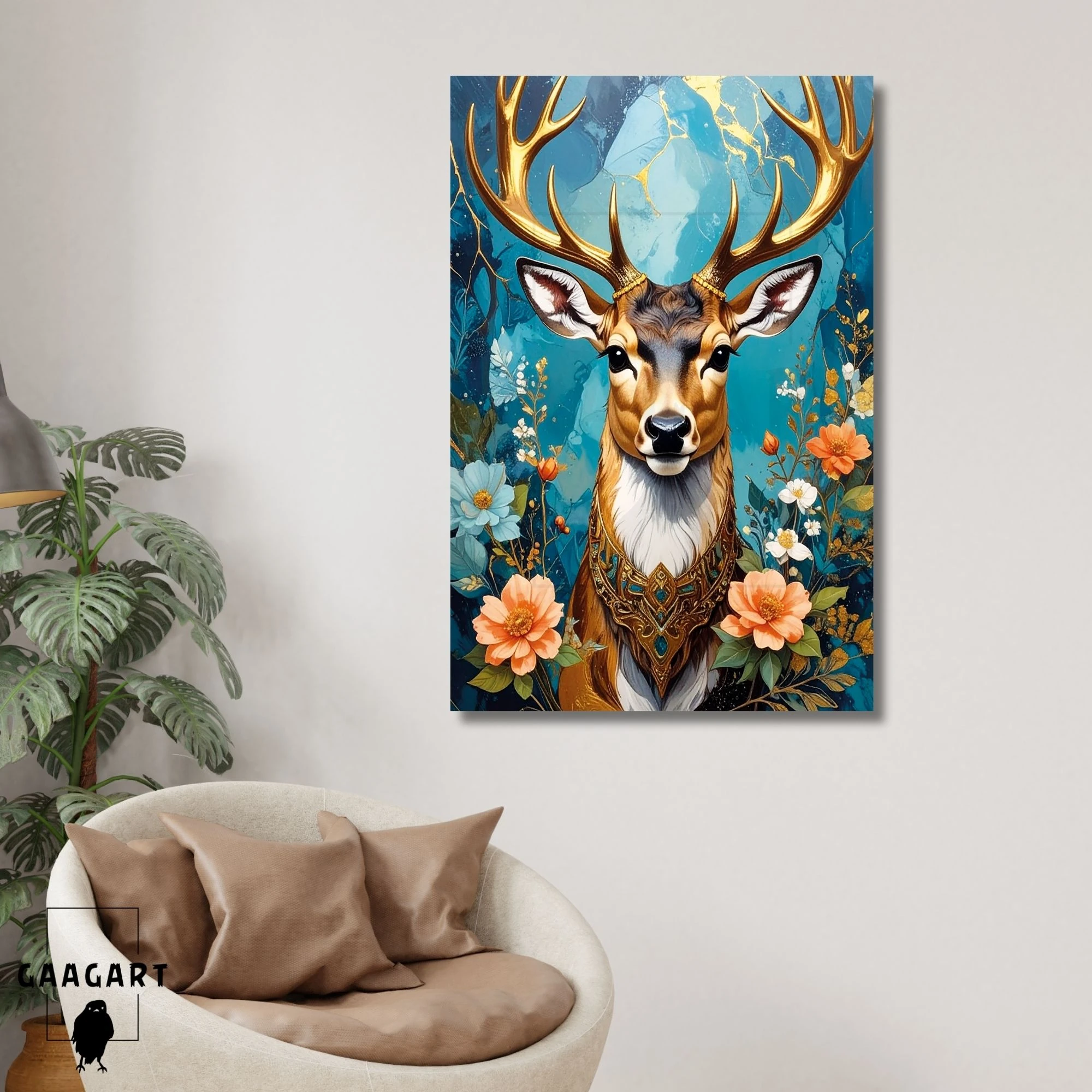 Tekli Dikey Kanvas Tablo Çiçekler Mavi Fon Ve Geyik Portresi