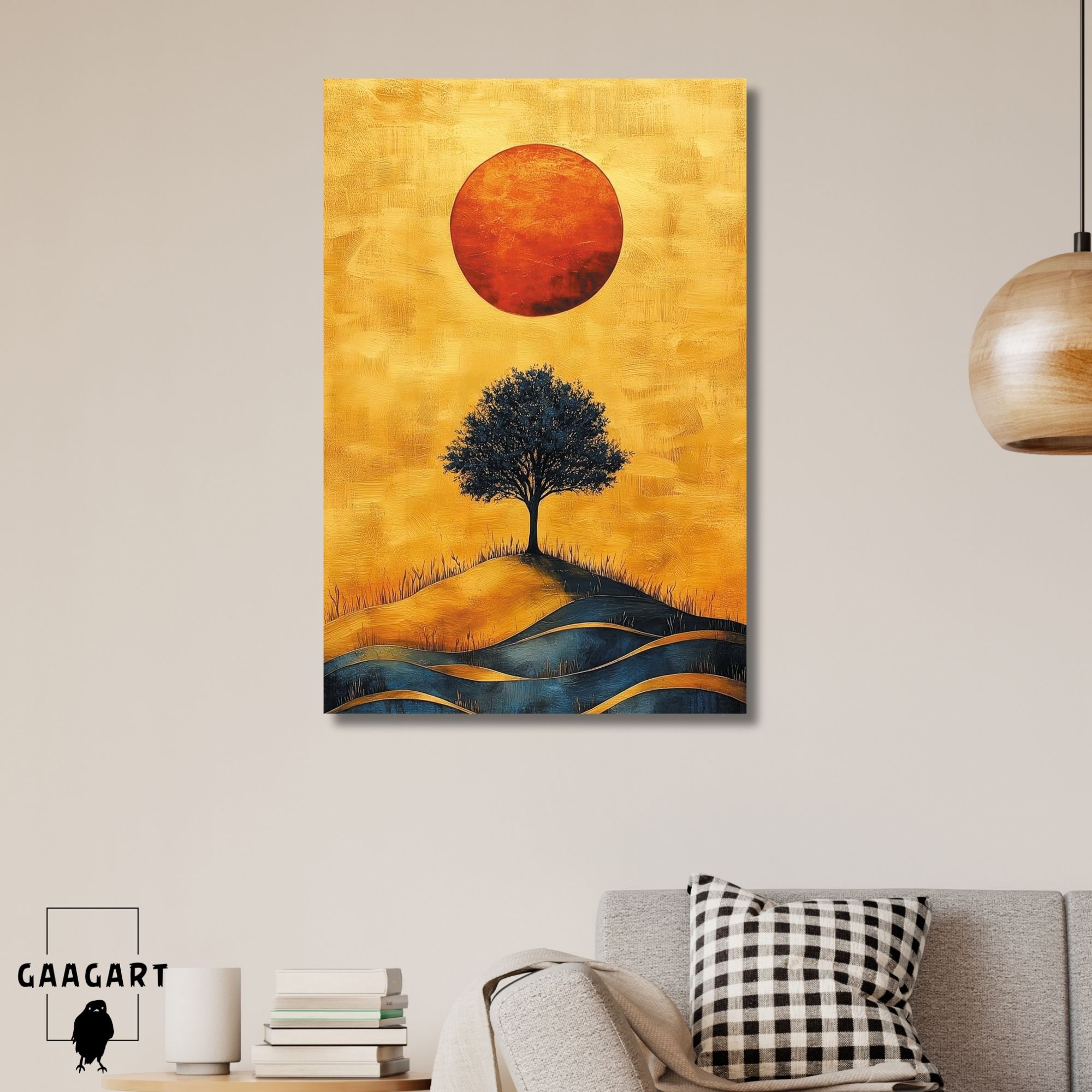 Tekli Dikey Kanvas Tablo Yağlı Boya Görünümlü Ağaç Ve Güneş