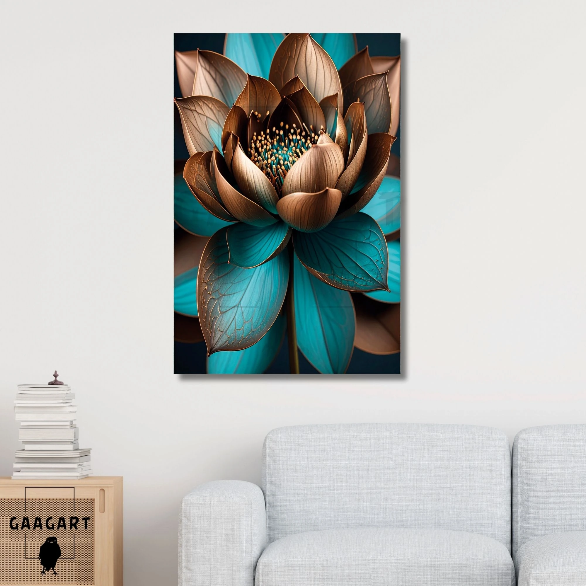 Tekli Dikey Kanvas Tablo Kahverengi Bakır Turkuaz Lotus Çiçeği