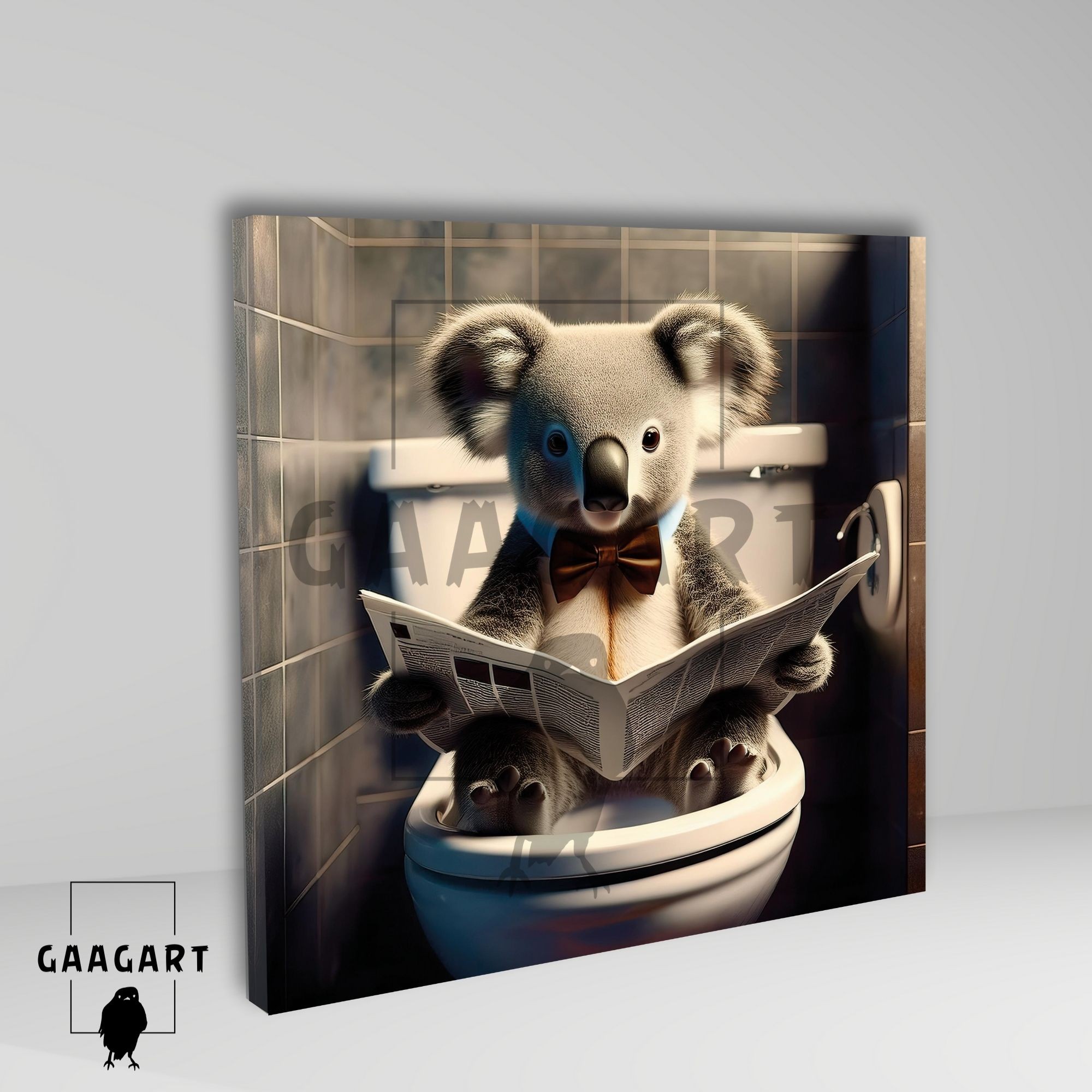 Tekli Kare Kanvas Banyo Tablosu Gazete Okuyan Papyonlu Koala