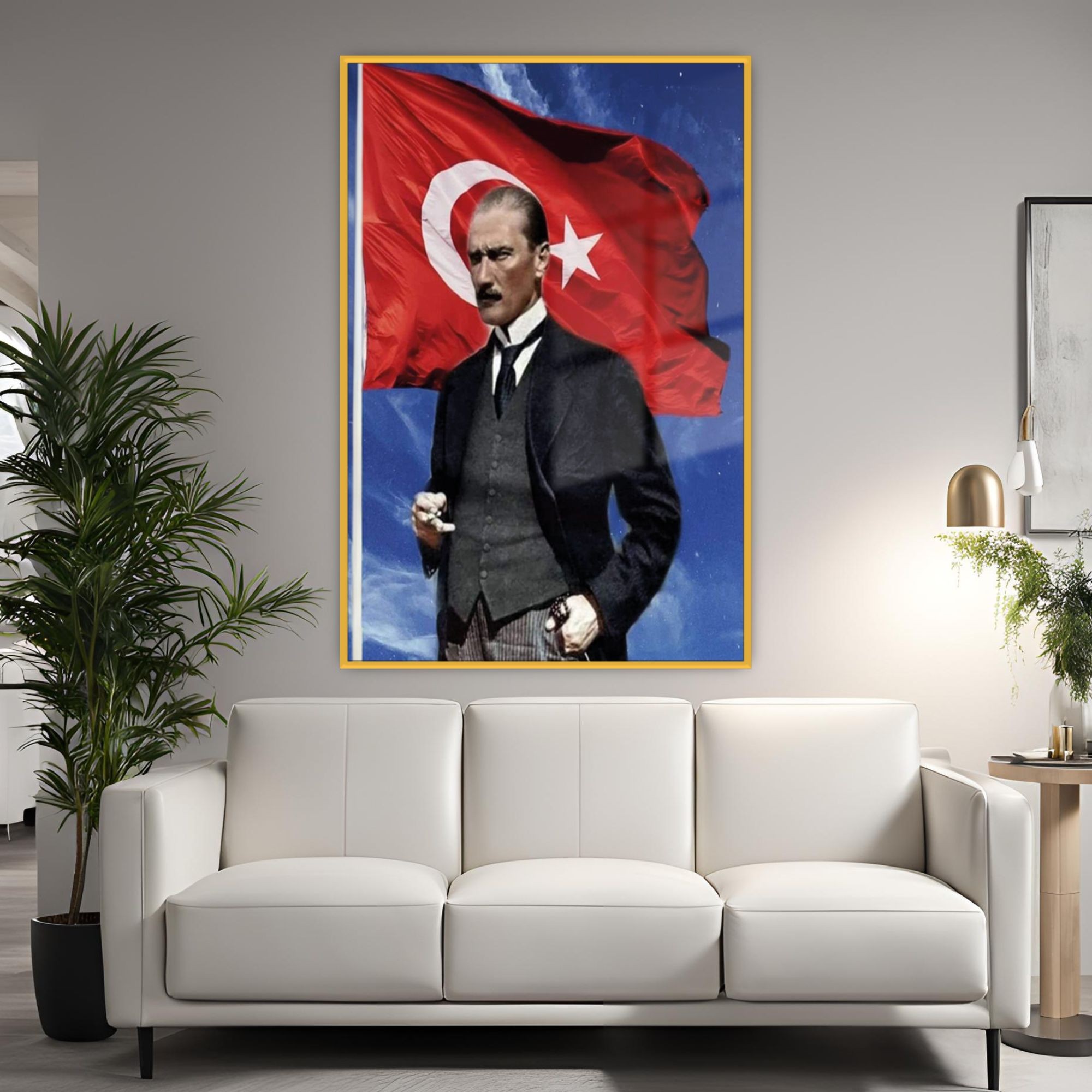 Metal Çerçeveli Temperli Cam Tablo Türk Bayrağı ve Kemal Atatürk