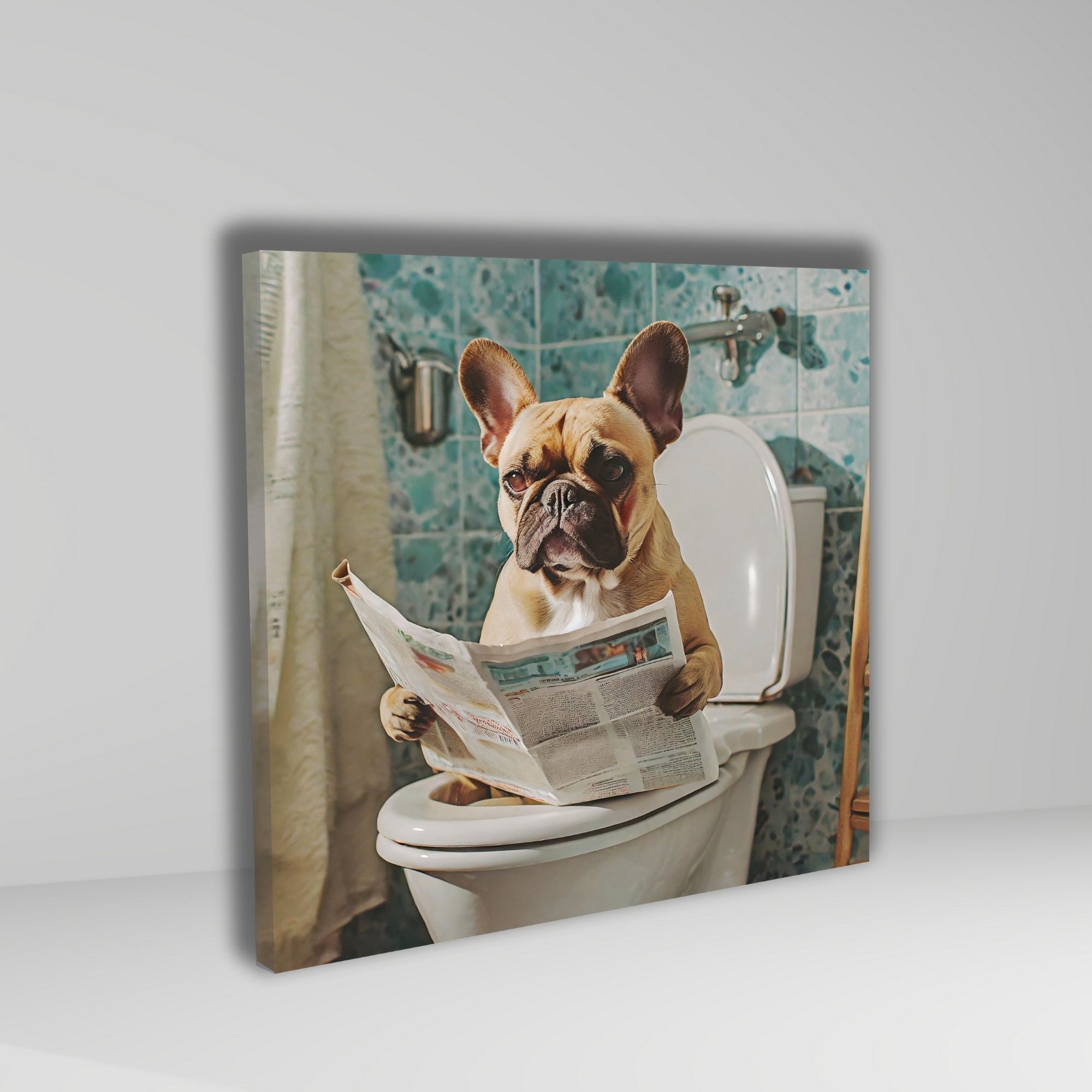 Tekli Kare Kanvas Banyo Tablosu Gazete Okuyan French Bulldog Köpek