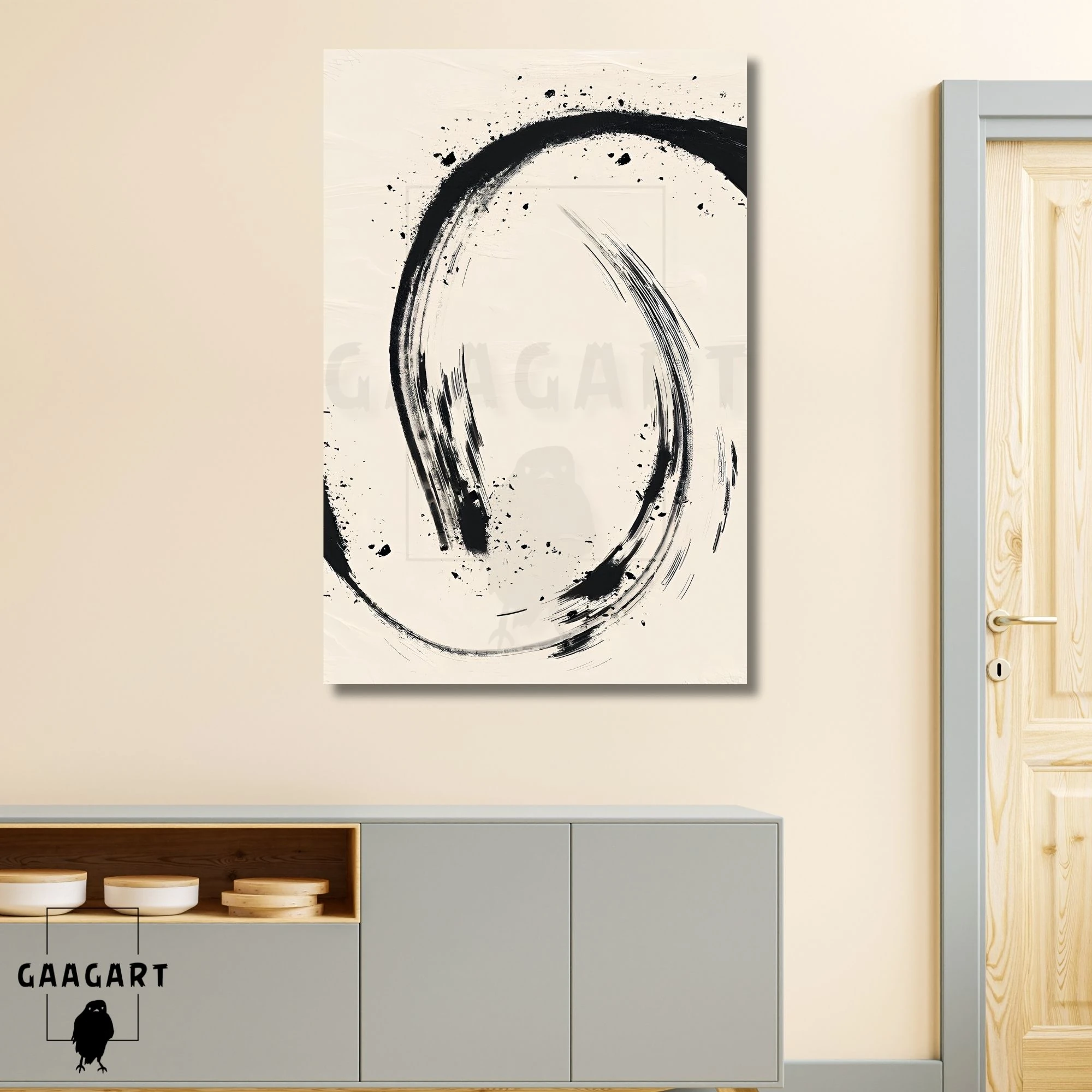 Tekli Dikey Kanvas Tablo Soyut Kremrengi Siyah Bohem Çizgiler