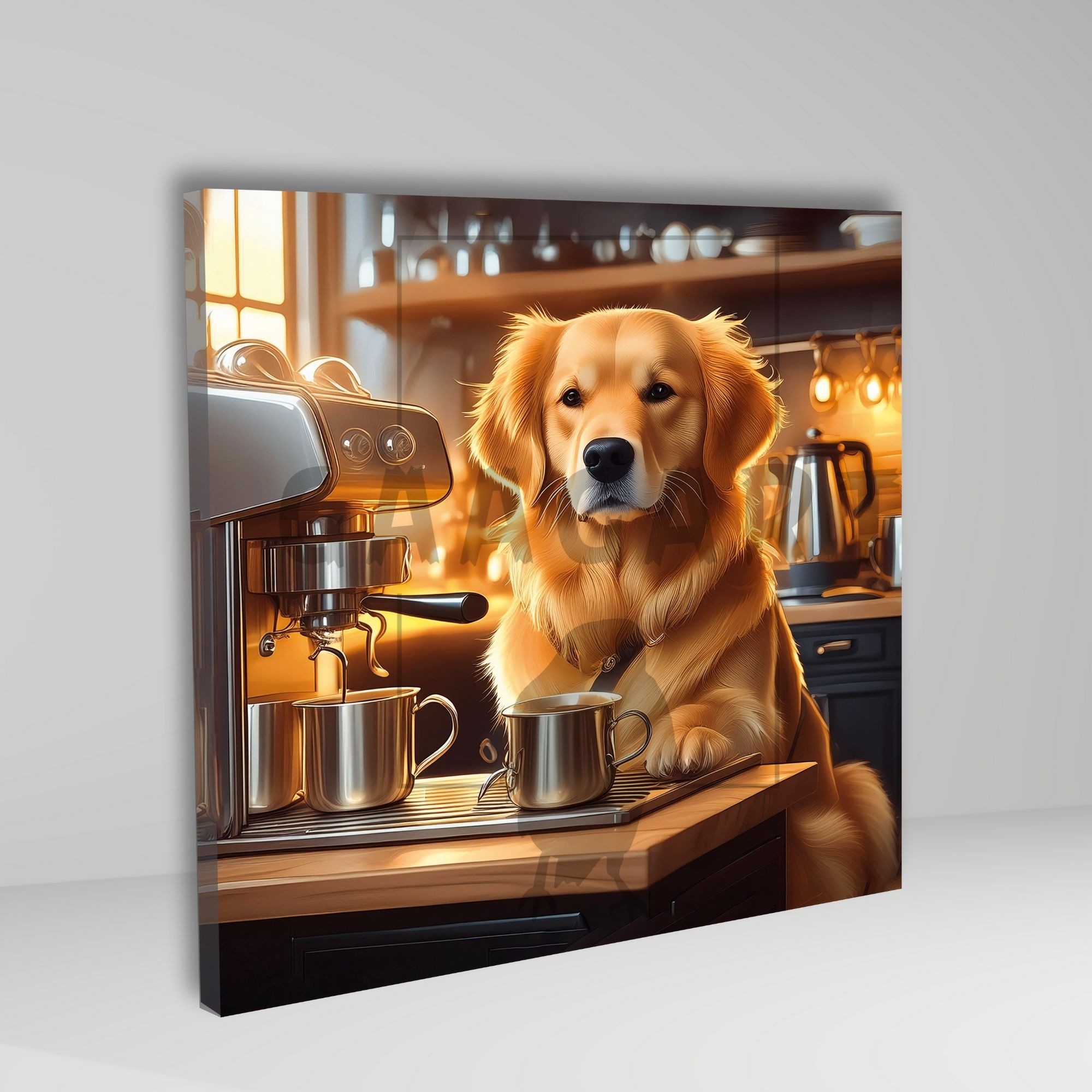 Kare Kanvas Kahve Köşesi Cafe Tablosu Barista Golden Retriever