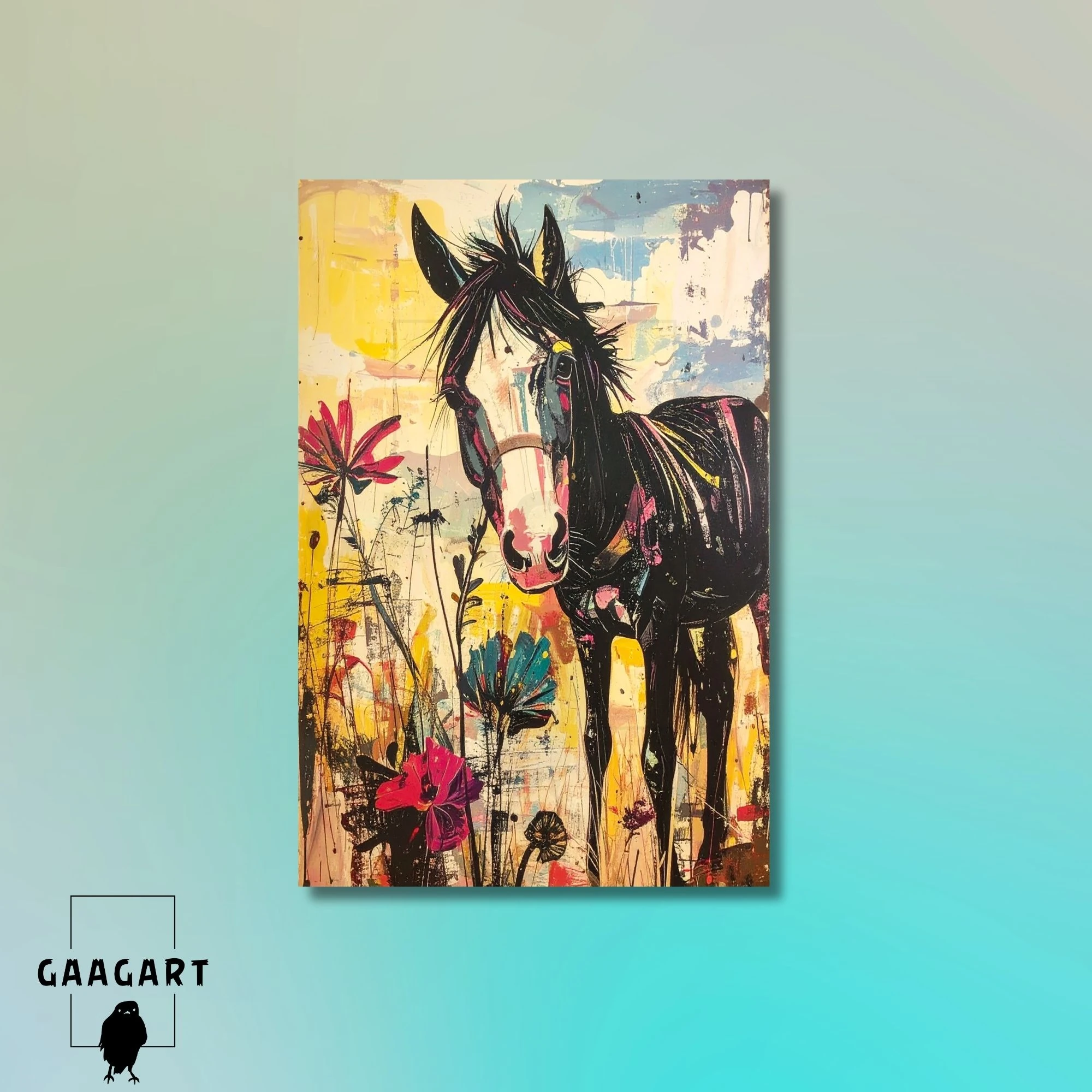 Tekli Dikey Kanvas Tablo Renkli Soft Sevimli At Portresi