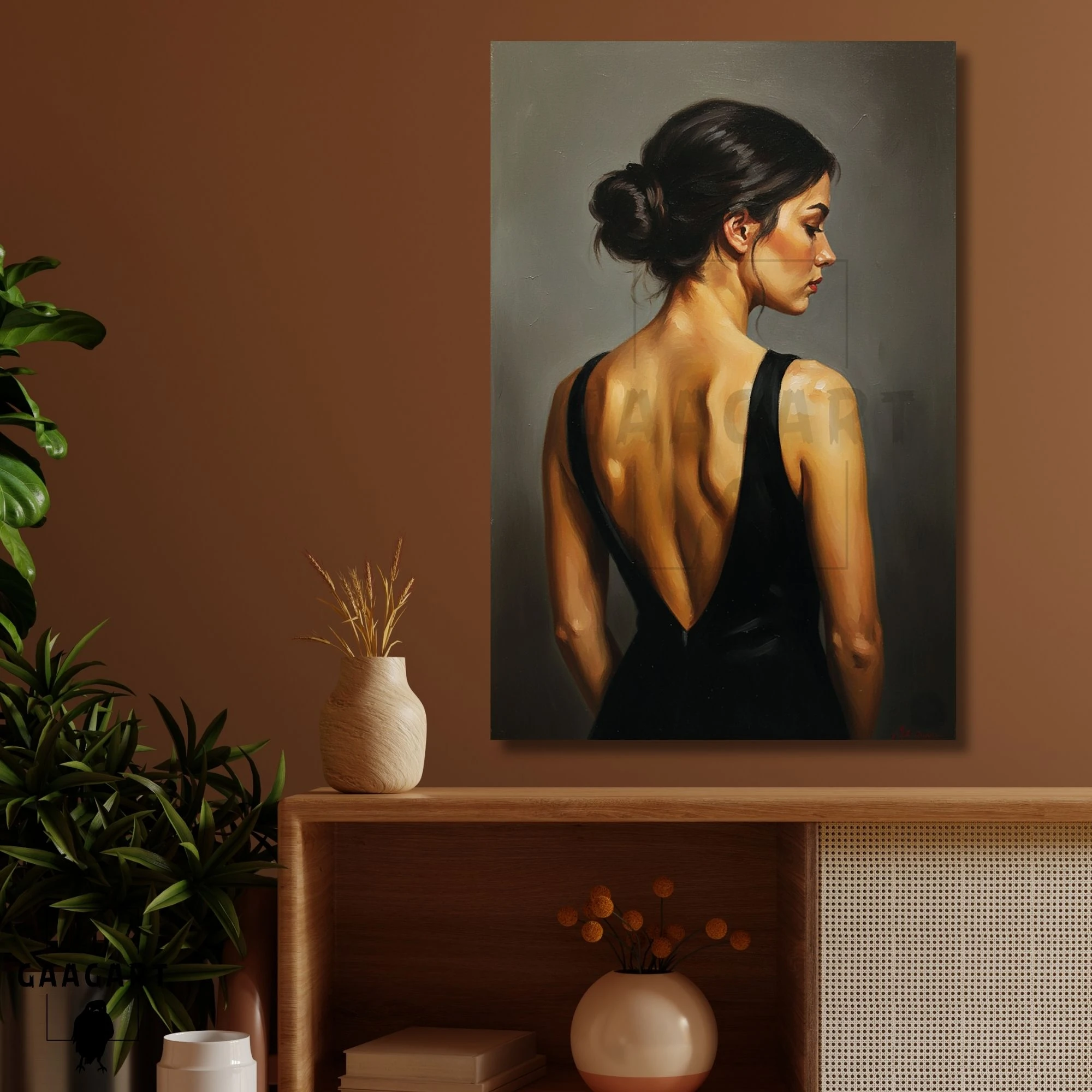 Tekli Dikey Kanvas Tablo Sırt Dekolteli Yağlı Boya Görünümlü Kadın